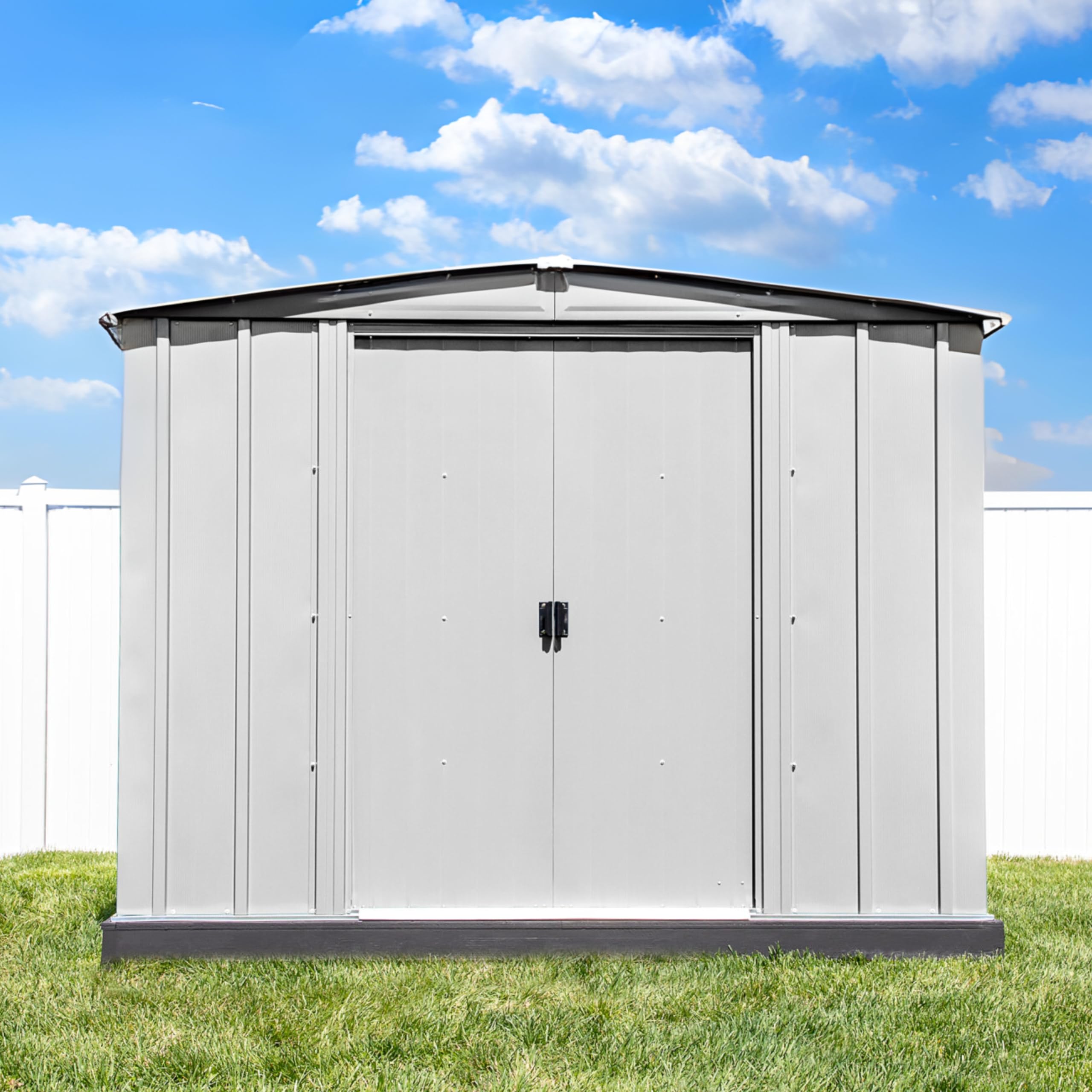 Metal Outdoor Galvanized Steel Storage Shed with Sliding Double Lockable Doors for Backyard or Patio Storage of Bikes, Grills, Supplies, Tools, Toys, for Lawn, Garden, and Camping, Light Grey. BOX 1 of 2 ONLY
