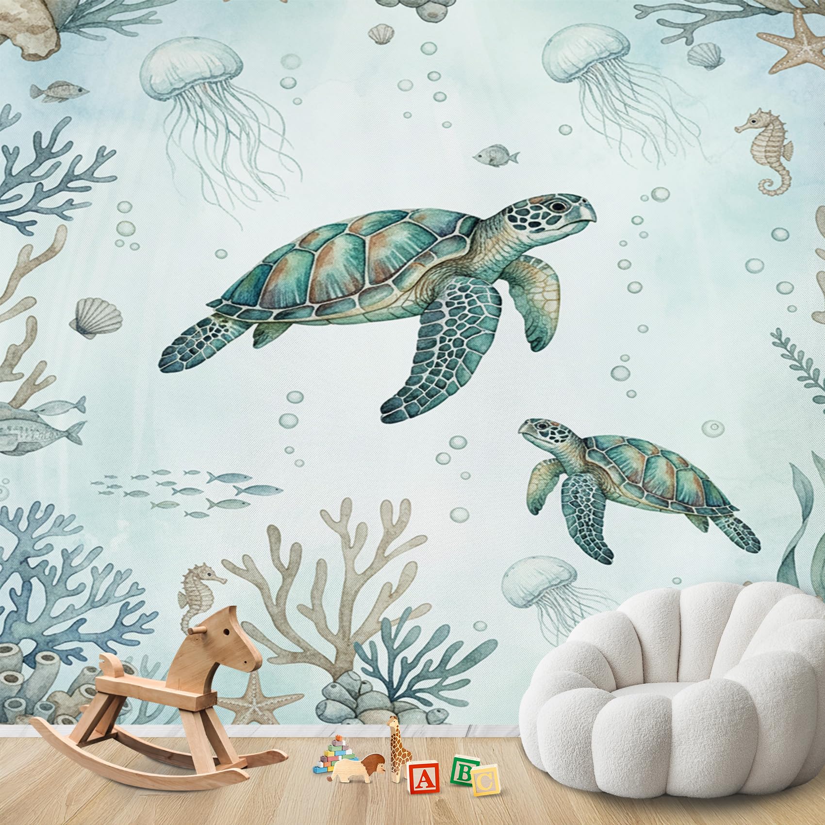Tapete Schildkröte, Fototapete Meerestiere Schlafzimmer, Tapeten Vliestapete Ozean Kinder Wohnzimmer, Wandtapete Kinderzimmer Schildkröte Wanddeko, Mustertapete Vlies 416 x 254 cm (B x H)