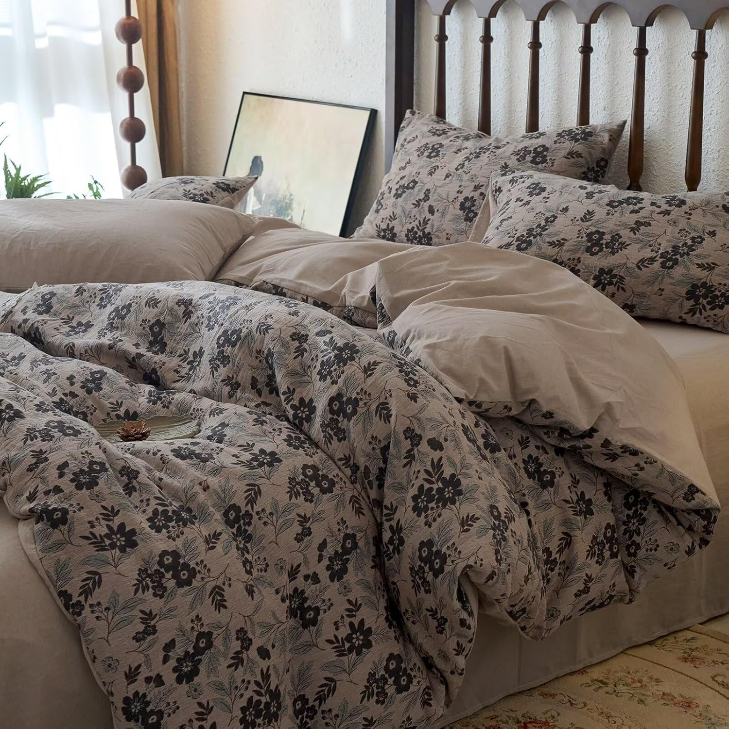 BuLuTu Vintage Muslin Duvet Cover Set Queen, 100% Cotton Linen Like Comforter Cover Boho Floral Quilt Cover with 2 Pillowcases, 90"x90", Soft Breathable Bedding Set, Zipper & Corner Ties