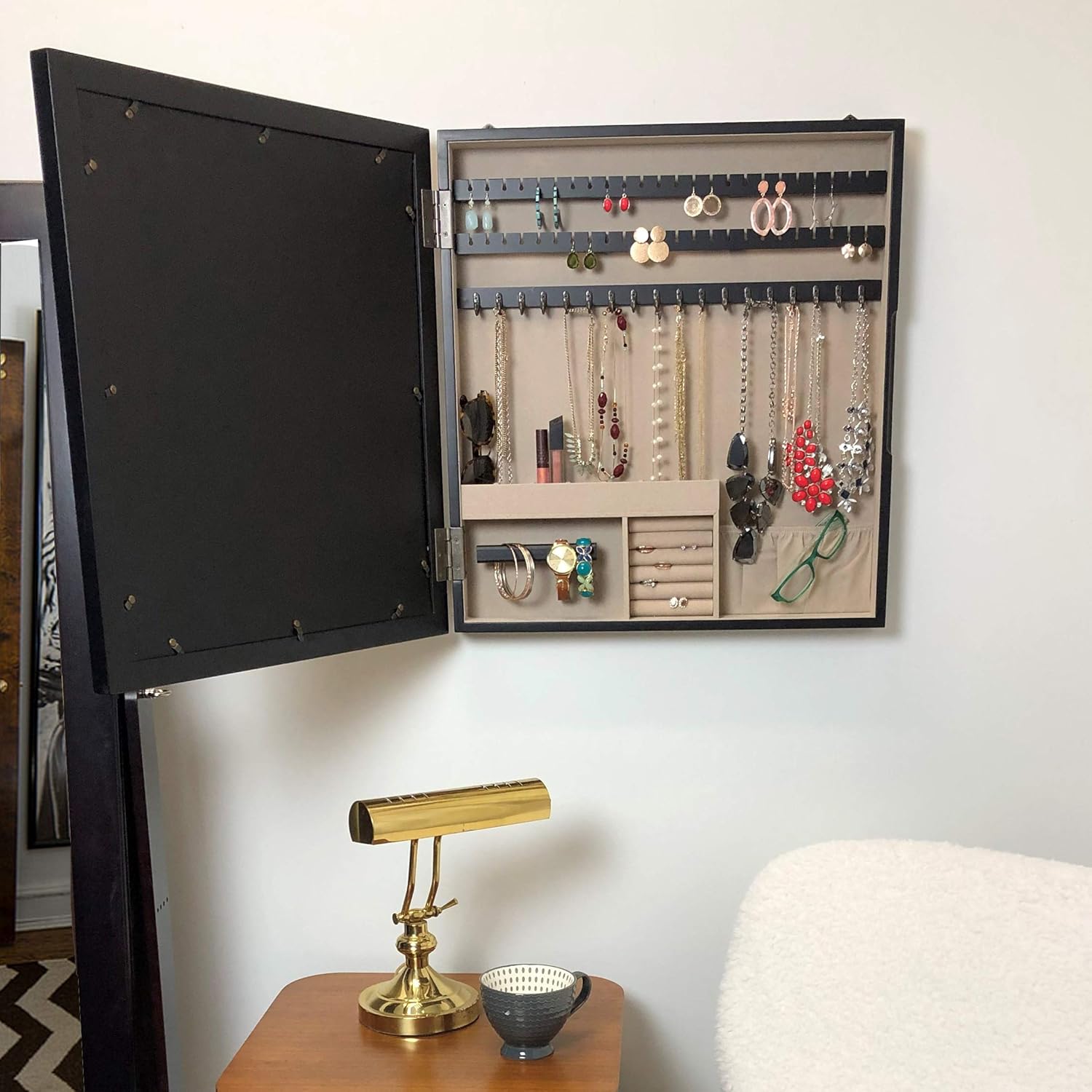 Hives & Honey Collage Frame Jewelry Organizer Black - Photo Display with Hidden Necklace Hooks, Earring Bars & Ring Storage