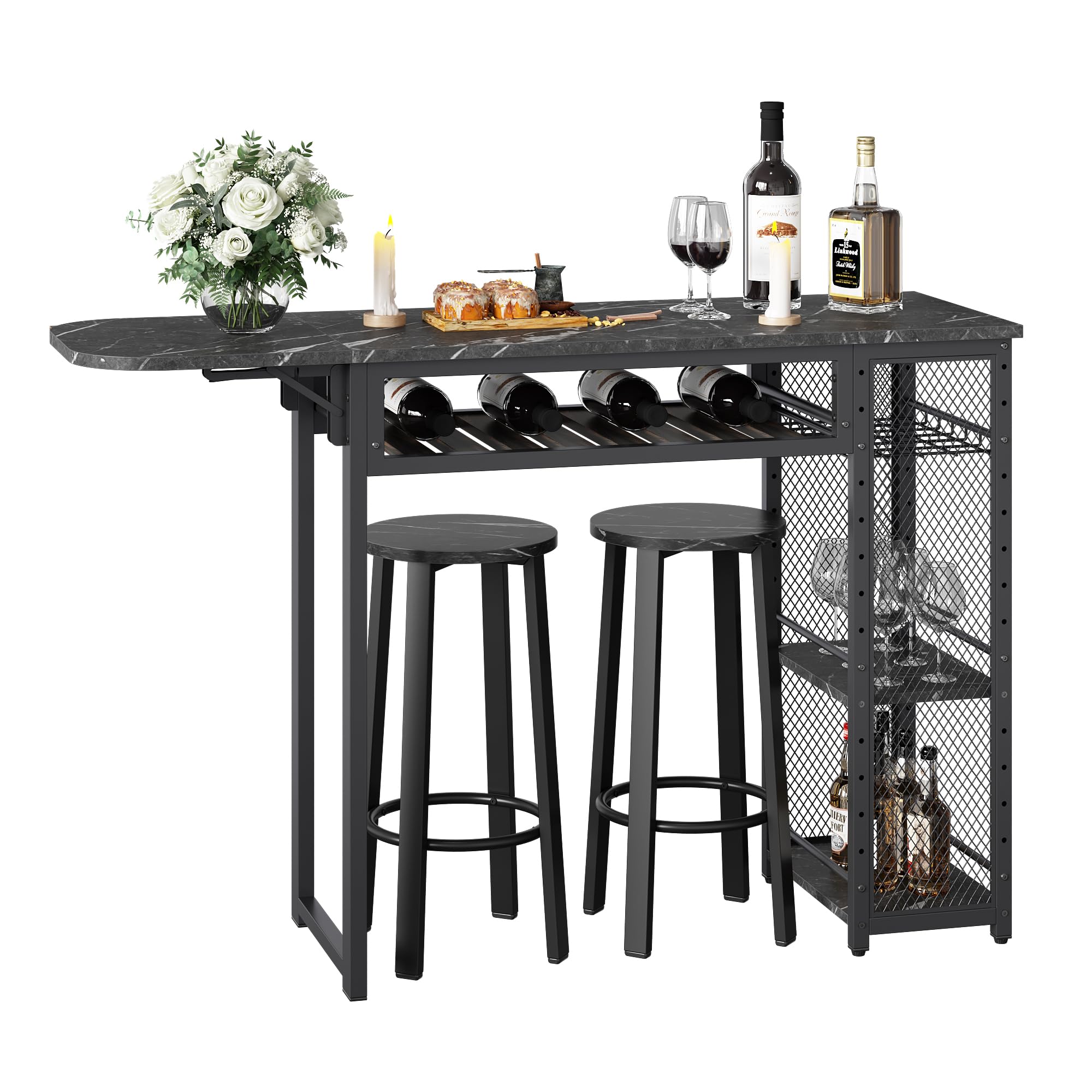 Set tavolo da bar con 2 sgabelli da bar, tavolo da pranzo con supporto per bicchieri da vino e ripiano, tavolo da cucina in stile industriale, tavolo da bar e bistrot (nero)