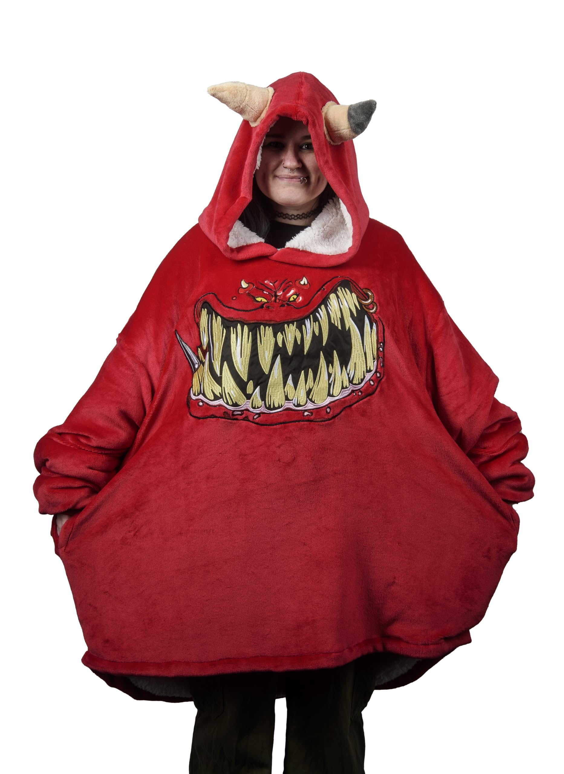 Warhammer 40 000 40k Squig Sherpa koc z kapturem – oficjalny polar, uniwersalny rozmiar, pasuje do mężczyzn i kobiet, przytulny prezent dla fanów, czerwona