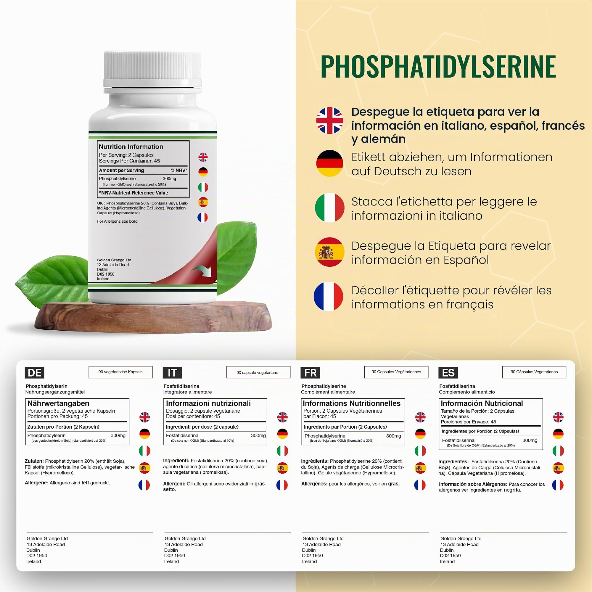 Double Wood Fosfatidilserina | 90 Cápsulas de Fosfatidilserina de Alta Potencia - 300mg por Porción | Sin OGM y Sin Gluten ​| Fabricado en el Reino Unido