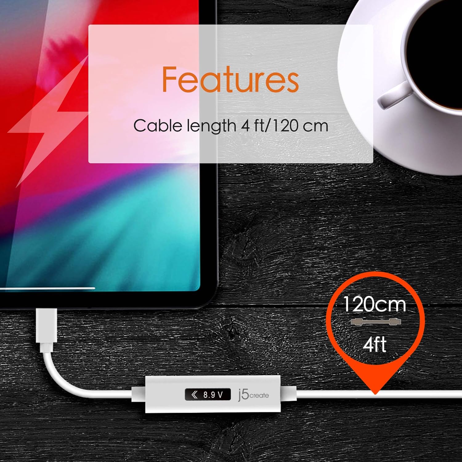j5create USB to USB C Cable 4ft USB-A 2.0 to USB Type C with OLED Digital Dynamic Power Meter | 60W/3A/480 Mbps Max Fast Charger Cord with Power Delivery 2.0 for Cell Phone, Tablet, Game Console