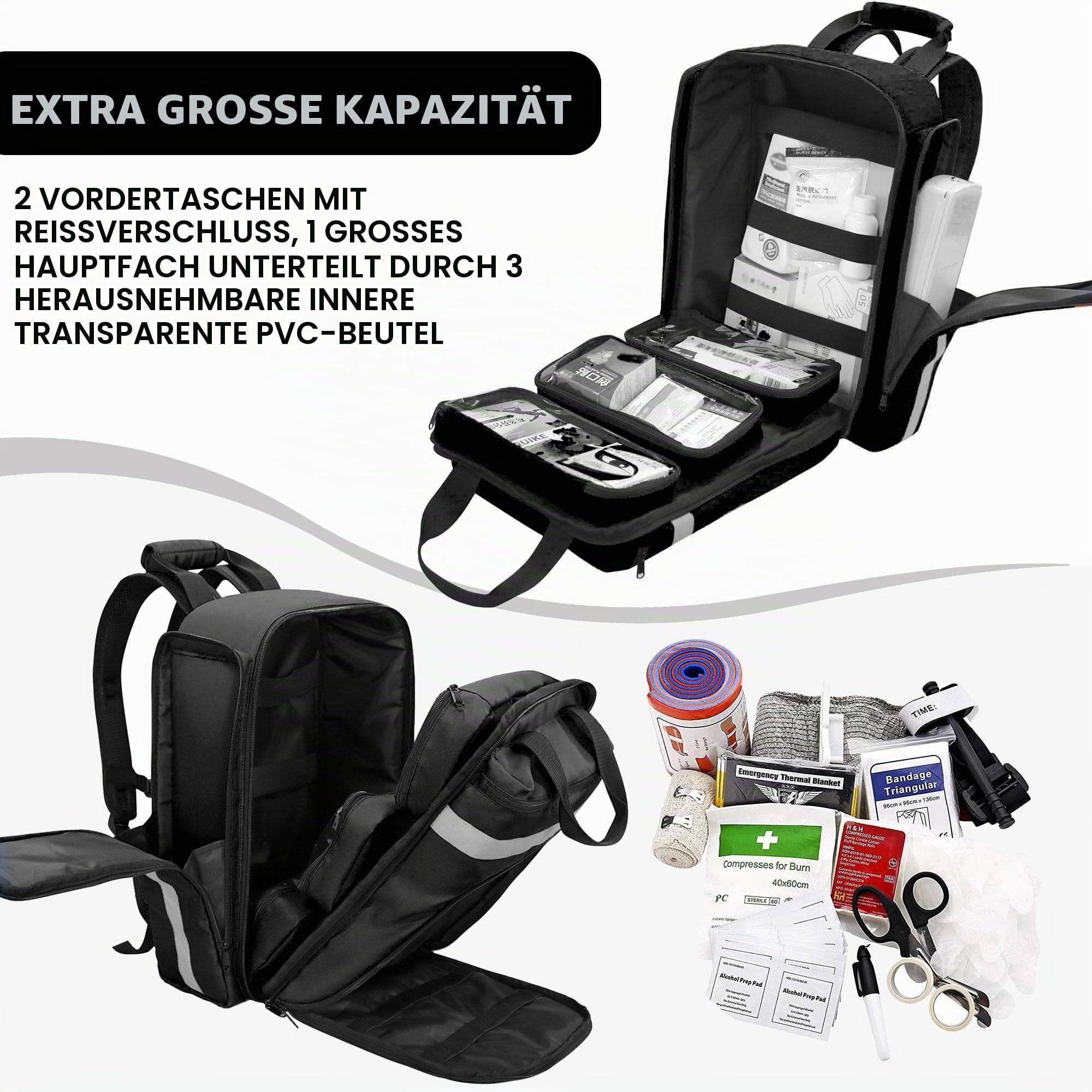 Professioneller Erste-Hilfe-Rucksack,Leere medizinische Erste-Hilfe-Tasche,Taktische medizinische Tasche mit reflektierender,großer Kapazität, Erste-Hilfe-Rucksack für Camping,Wandern(Schwarz)