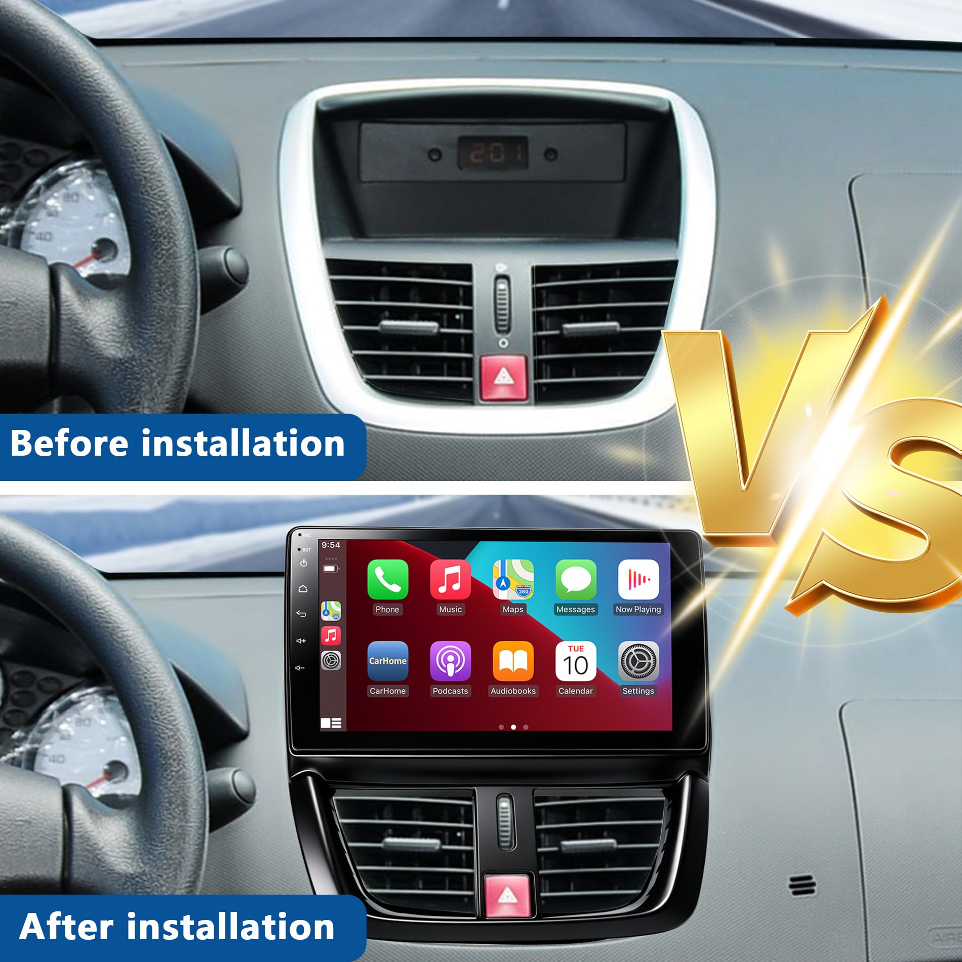 Autoradio Carplay Peugeot 207 2006-2015 Wireless Carplay Android Auto 9" Écran Tactile avec Navigation GPS/caméra de recul/Bluetooth/WiFi/Miror Link/MIC/FM/SWC