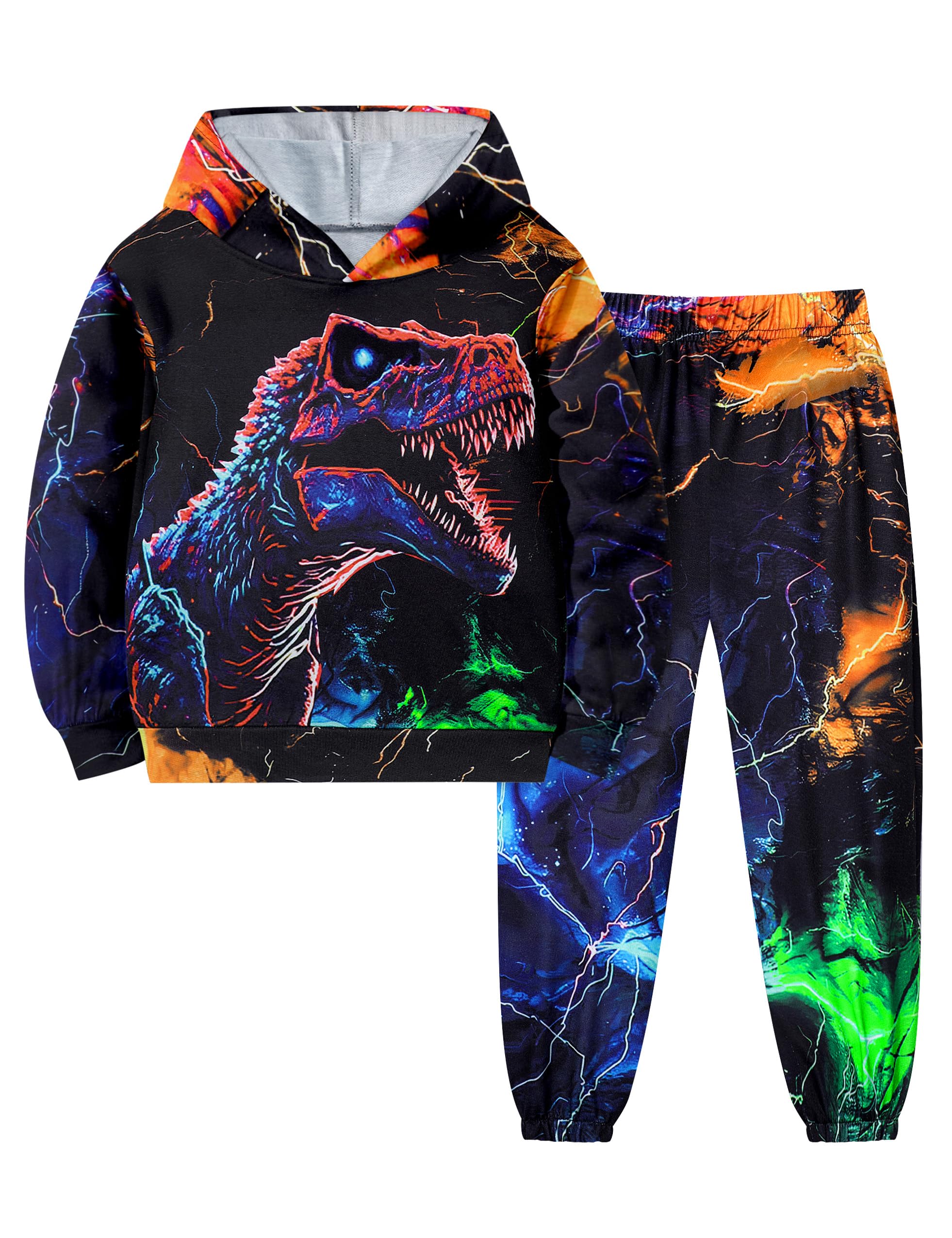 Boys Clothes, T-Rex Print Dinosaur Boy Clothes Fall Winter Outfits Long-sleeved Hooded Sweatshirt Pants 2Pcs Set