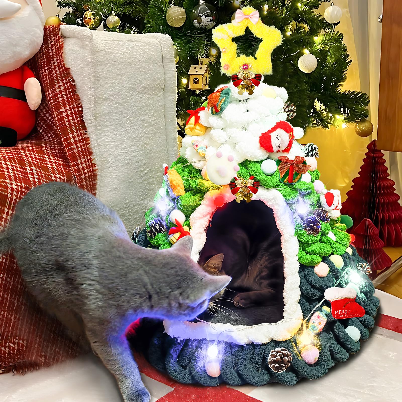 DIY Christmas Tree Cat House,Felt Christmas Cat Bed,Christmas Cat Nest with Night Lights,DIY Christmas Tree for Cats Set,Christmas Decor for Pets Family and Friends,19.7 X 20.1 Inches