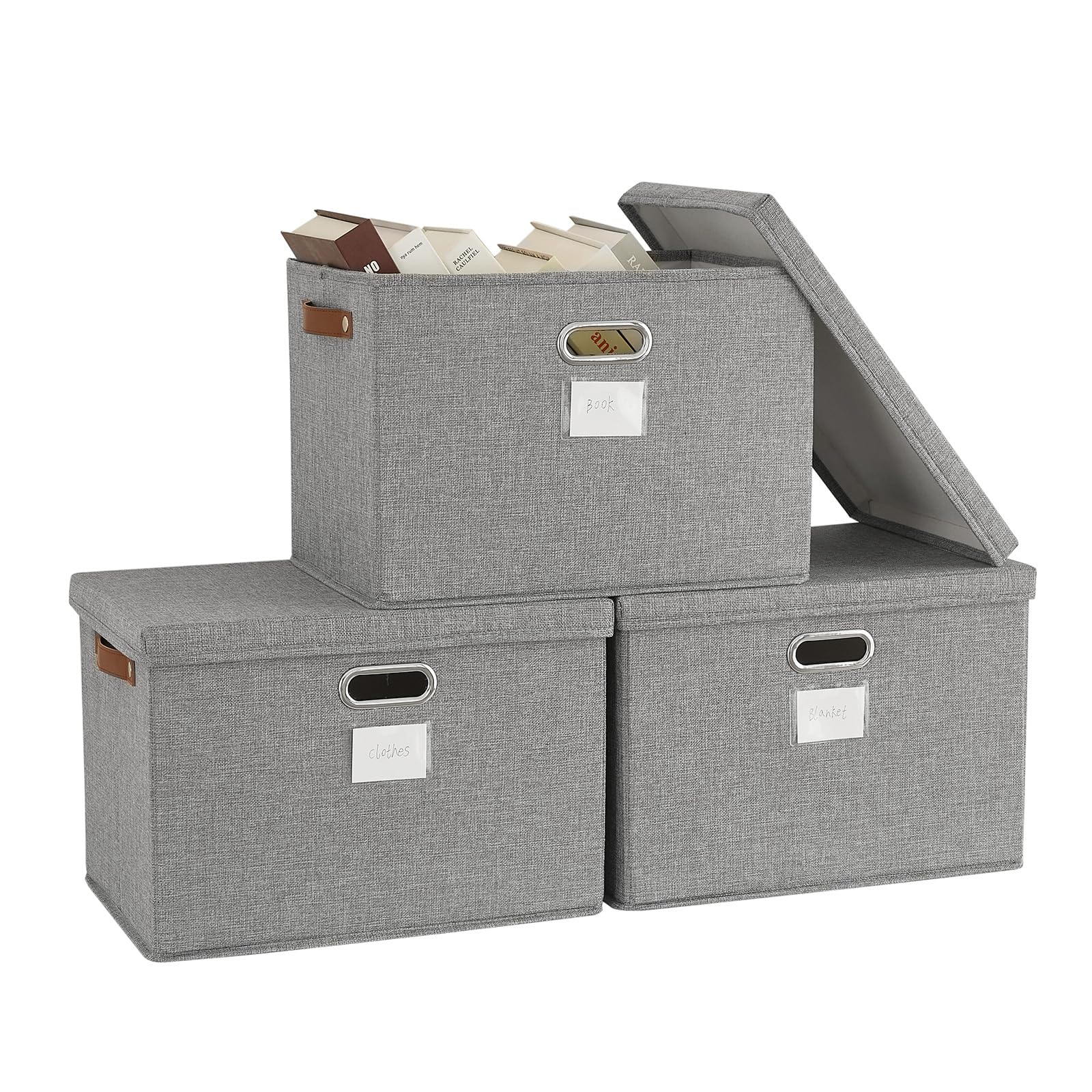 Bagnizer 3 cajas de almacenamiento con tapa, plegables, de tela, grandes, apilables, para estanterías, organizador para ropa, guardarropas, color gris, plegables, decorativas, 43 x 30 x 30 cm