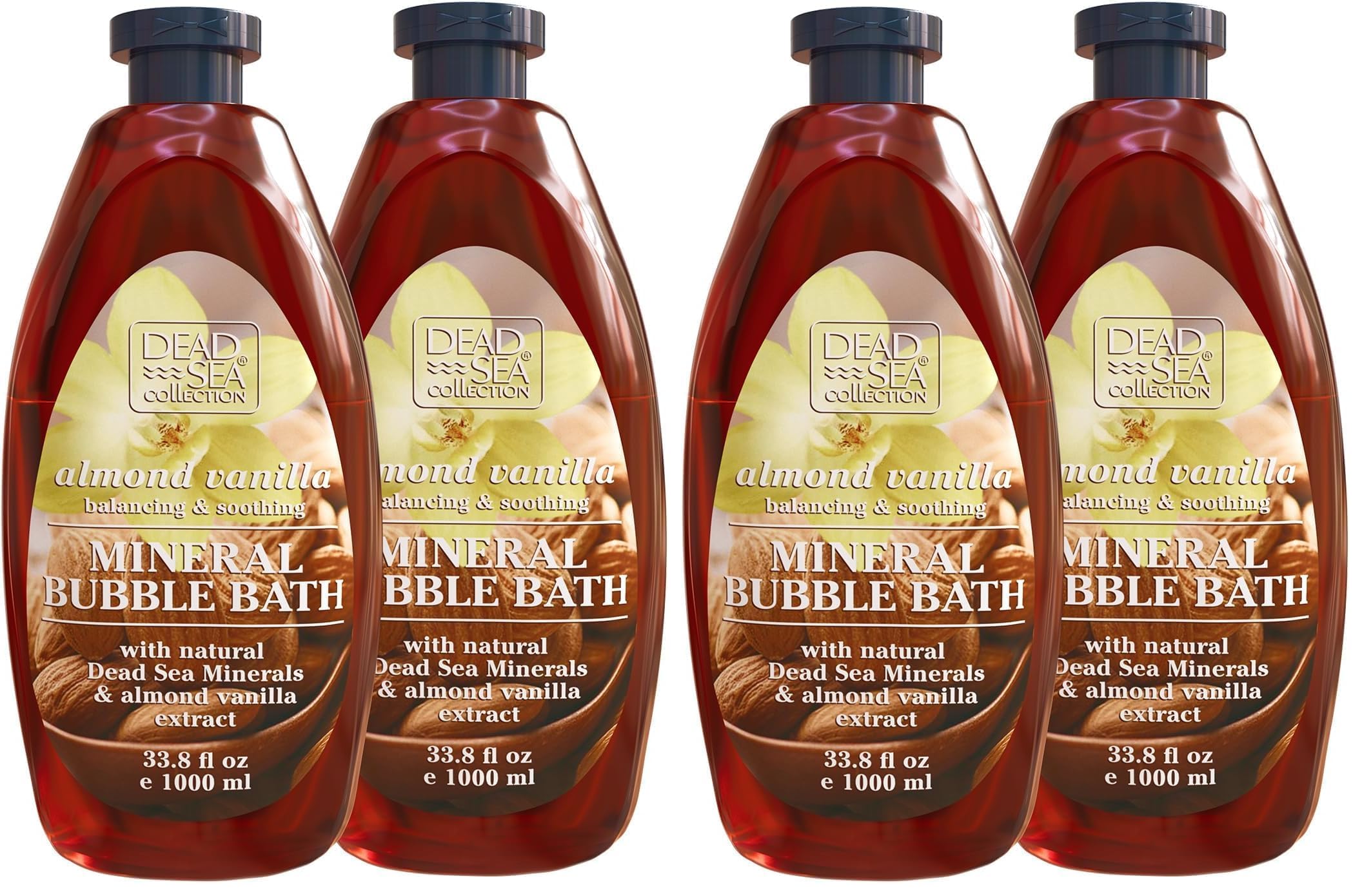 Dead Sea Collection Bubble Bath with Almond Vanilla for Women and Men - Sweet Almond Oil and Dead Sea Salt - Nourishing and Moisturizing Skin - Pack of 4 (67.6 fl.oz)