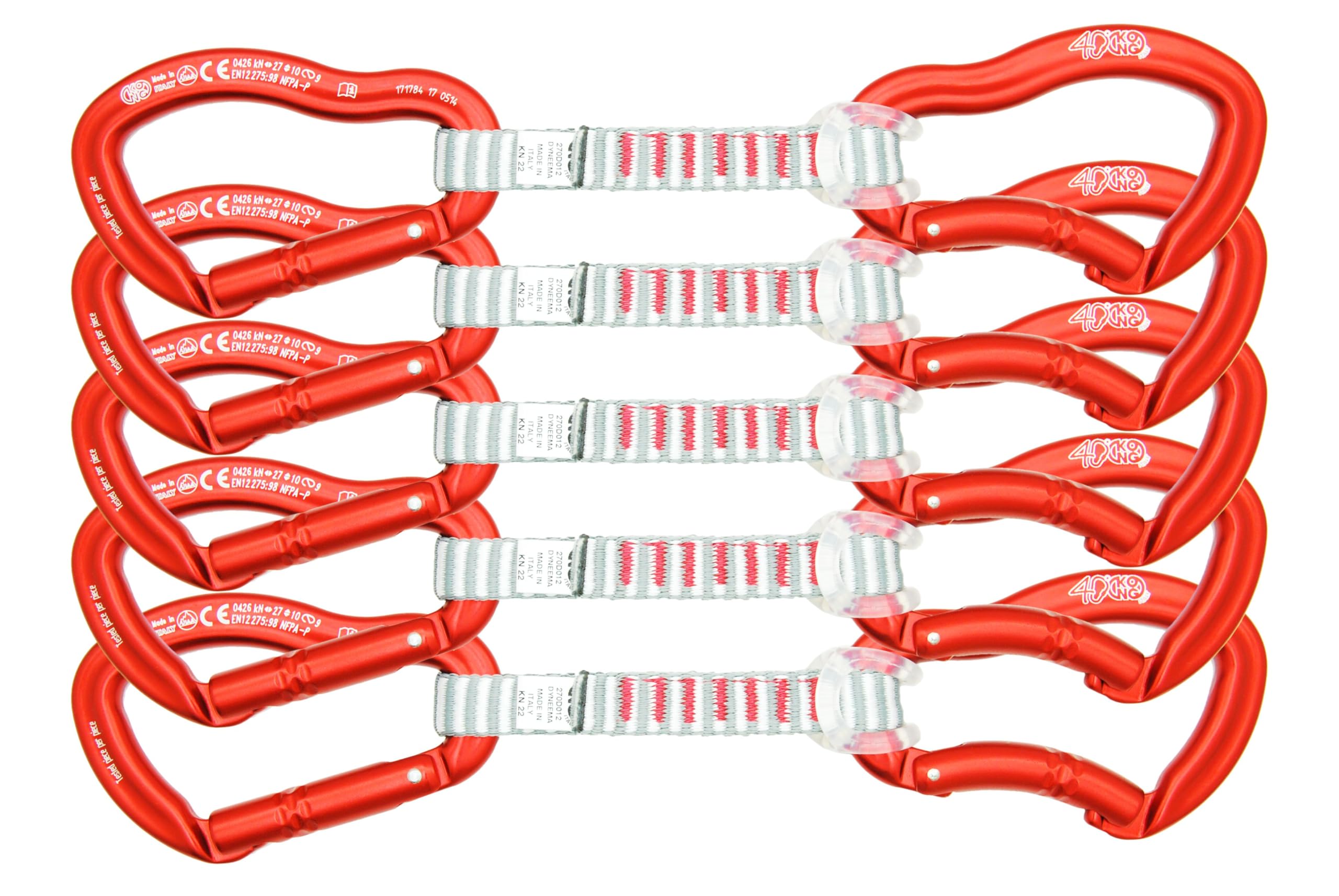 Kong. Ergo Anniversary Set of 5 Climbing Postpons, Carabiner for Crags and Gym, Return with 2 Ergo Connectors with Keylock. Made in Italy. Certifications: EN 12275. Weight: 125 g