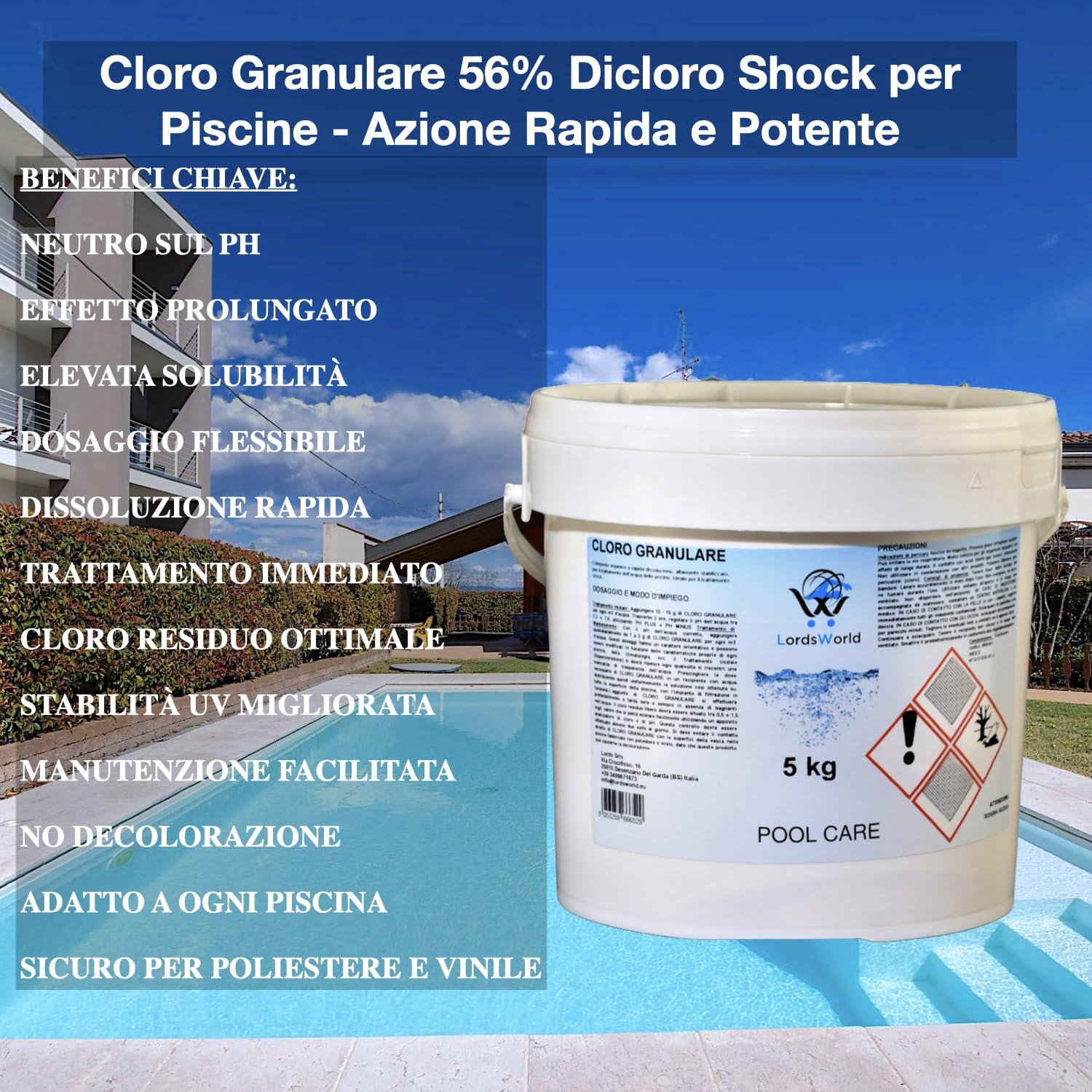 LordsWorld Pool Care - Cloro 56 Granulare a Rapida Dissoluzione - Dicloro Choc Disinfettante per Mantenimento Acqua Piscina Fuori Terra, Spa, Jacuzzi e Piscine Interrate (10Kg)