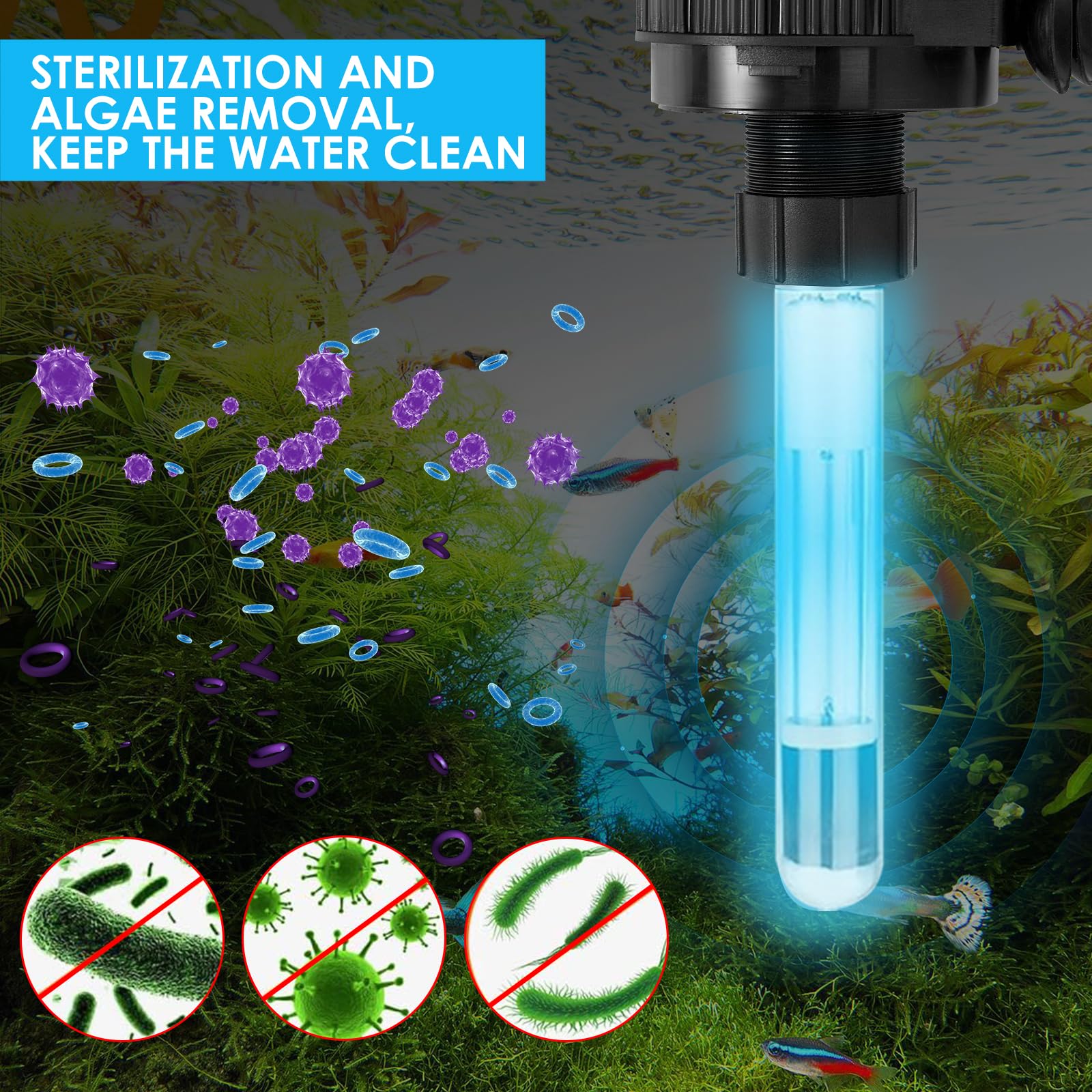 Internal Fish Tank Filter, 5 in 1 Adjustable Aquarium Filter Pump with UV Steriliser, Ultra Silent Biochemical Filtration Pump, 650 L/H Water Pump Aquarium Filter Fit for 100-300L Fish Tank Aquariums - Image 3
