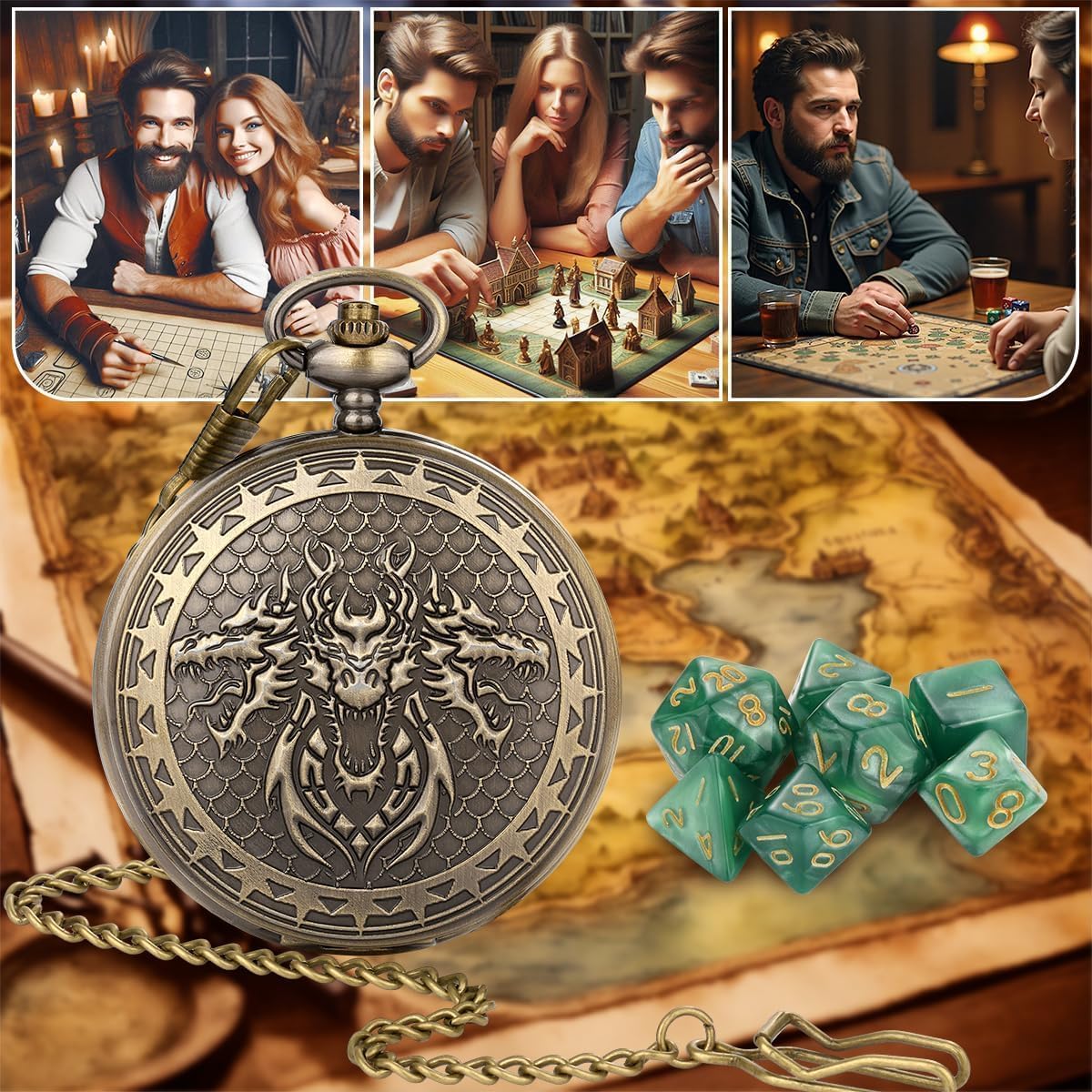 DND 3 Dragon Heads Pocket Watch Case, Mini Dice Set, 7pcs Polyhedral Acrylic Dice, Fantasy Game Set, D&D Starter Set - Image 3