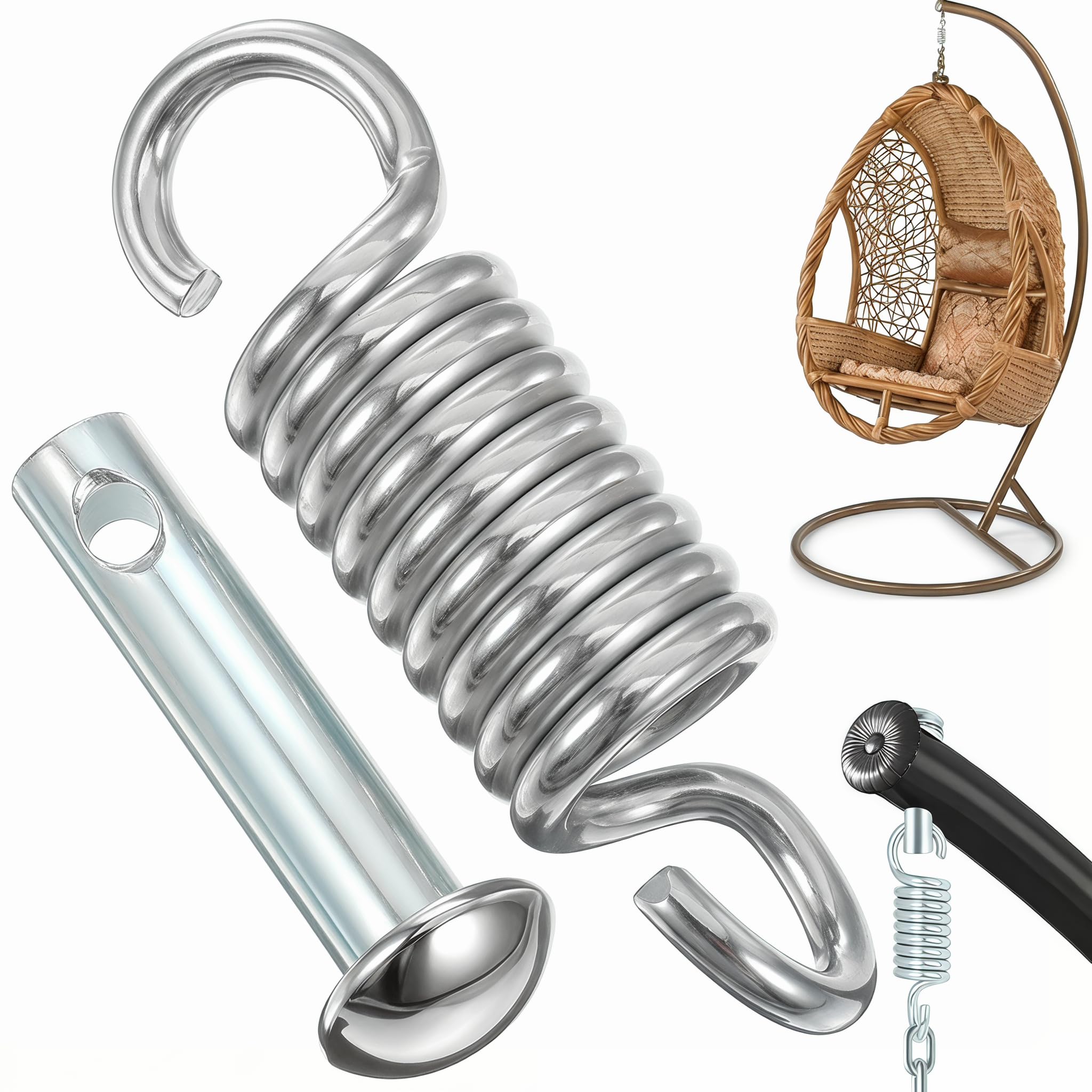 Hammock Chair Hanging Kit, 1 set Egg Chair Heavy Duty Hammock Spring Kit with Pin Bolt, 360° Rotation Stainless Steel Swing Hooks for Hanging Porch Seat, Swing, Rocking, Boxing Bags, (Load 300KG）