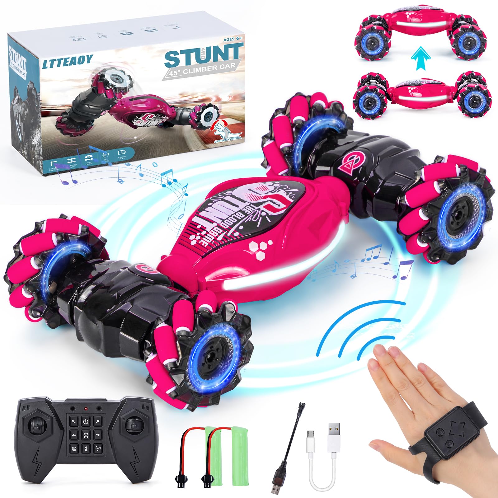Ltteaoy Gesto Operazione RC Auto per Bambini,4WD 2.4GHz 6/7/8 anni auto telecomandata,doppio lato rotante Off-Road RC Twist Car 360 ° capovolge con luce e musica, regali per i bambini (rosa)