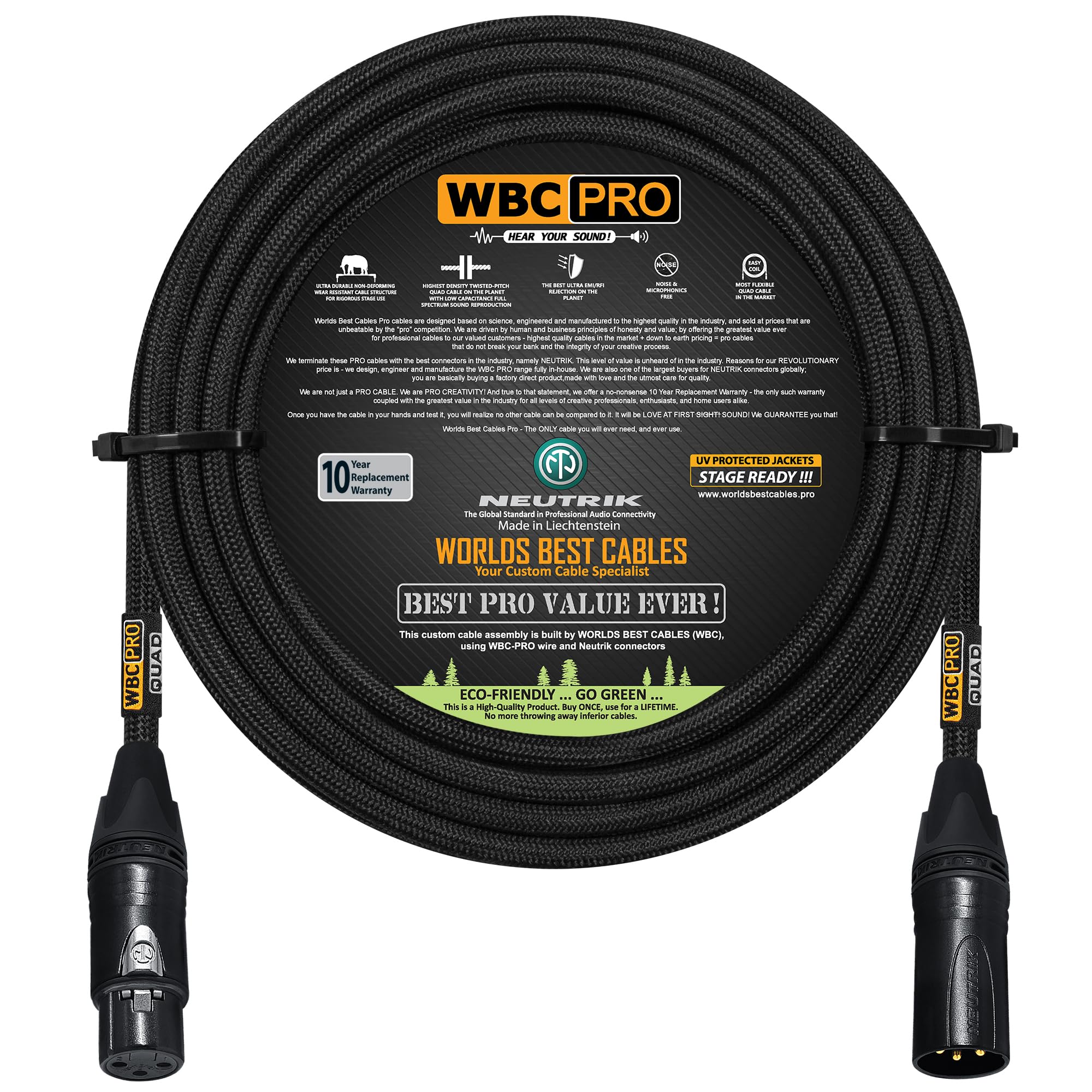 75 Foot - WBC-PRO-Quad Ultra-Silent Ultra-Flexible Balanced Star-Quad Cable with Neutrik Male & Female XLR Plugs & Black Tweed Jacket