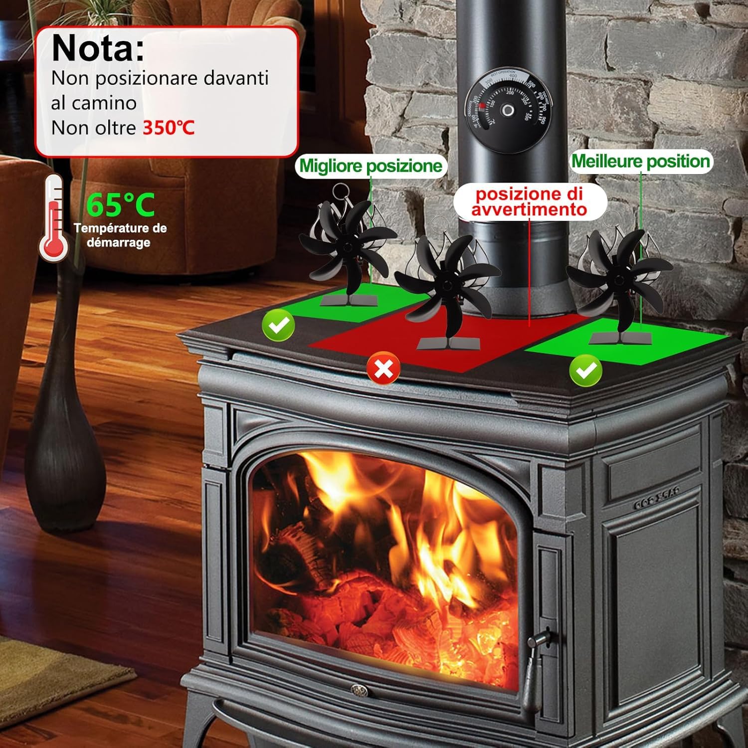 Fwiull Ventilatore Stufa, 7 Foglie Ventola per Stufa a Legna, Ventilatore per Camino con Termometro, Ecologico Silenzioso Senza Elettricità, Ventola Stufa per Gas/Pellet/Legna