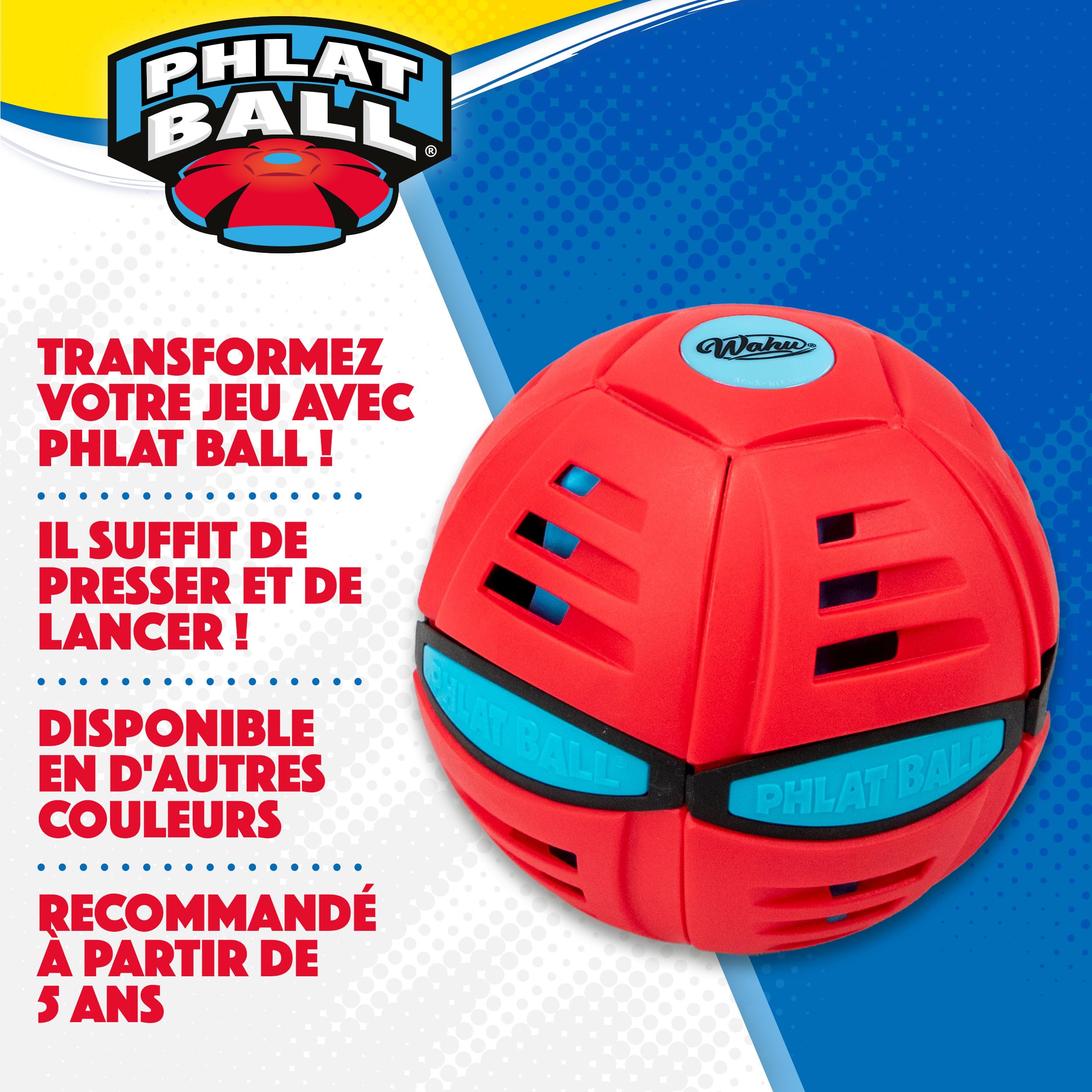 Wahu - PHLAT BALL Classic - Rouge - Frisbee Volant qui se Transforme en Ballon - Jeux Extérieur Enfants Dès 5 Ans - Balle Innovante 15,7cm - Frisbee 22,9 cm - Jeu Plage & Plein Air - 2+ Joueurs