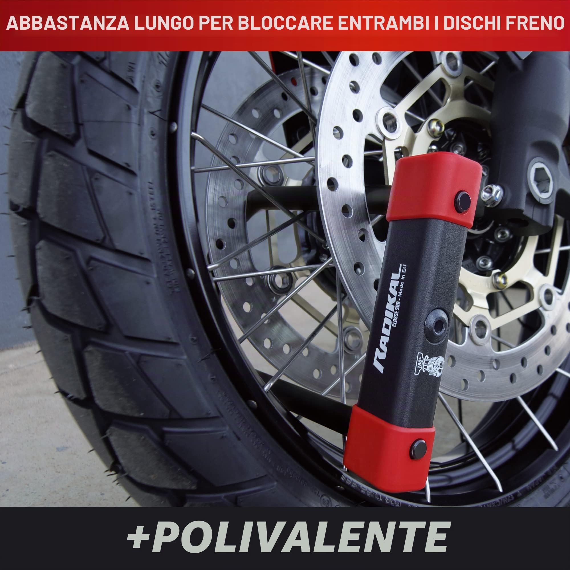 RADIKAL RK120220 Lucchetto a U Premium Omologato SRA, 120x220mm, Bloccaggio su Entrambi i Dischi Freno, Arco ø18mm Acciaio Cementato Rivestito a Doppio Chiusura, Serratura Antifurto U Lock Moto