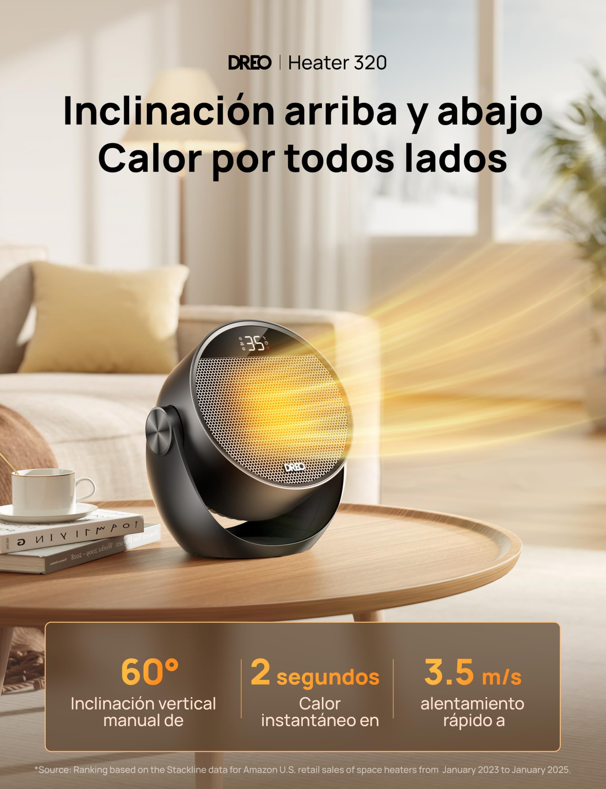 Dreo Calefactor eléctrico 1500W silencioso y de bajo consumo, portátil con mando y termostato, inclinación 60°, 8 sistemas de seguridad, cerámica PTC, temporizador 12h, 3 modos y 3 velocidades