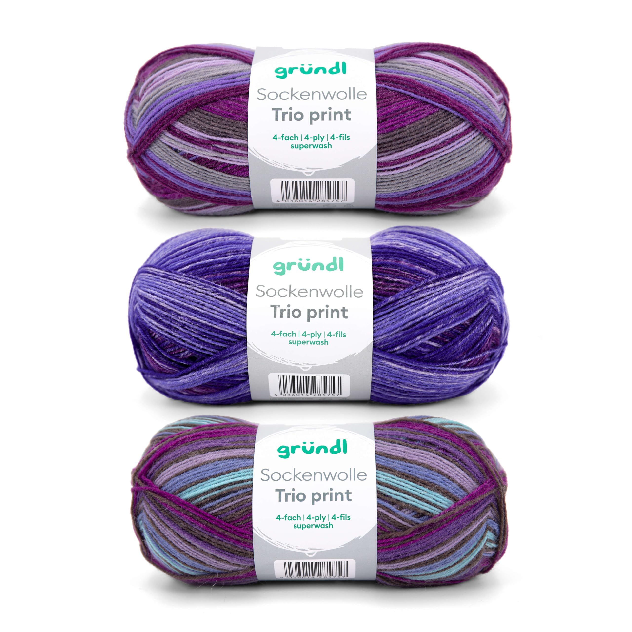 Gründl Purple Sock Wool Trio Knitting Set Of 3 X 100 G Sock Yarn (75% Virgin Wool (Superwash), 25% Polyamide) + Instructions (English Language Not Guaranteed),
