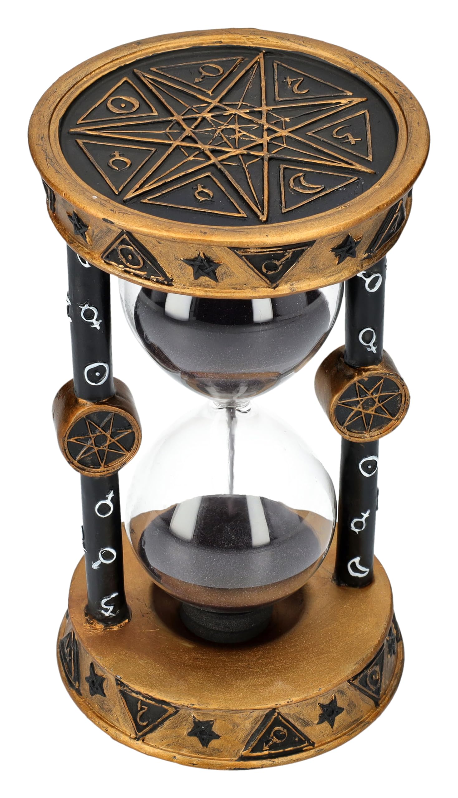 Reloj de arena místico, 17 cm, diseño de astrología, color negro y dorado, 5 minutos