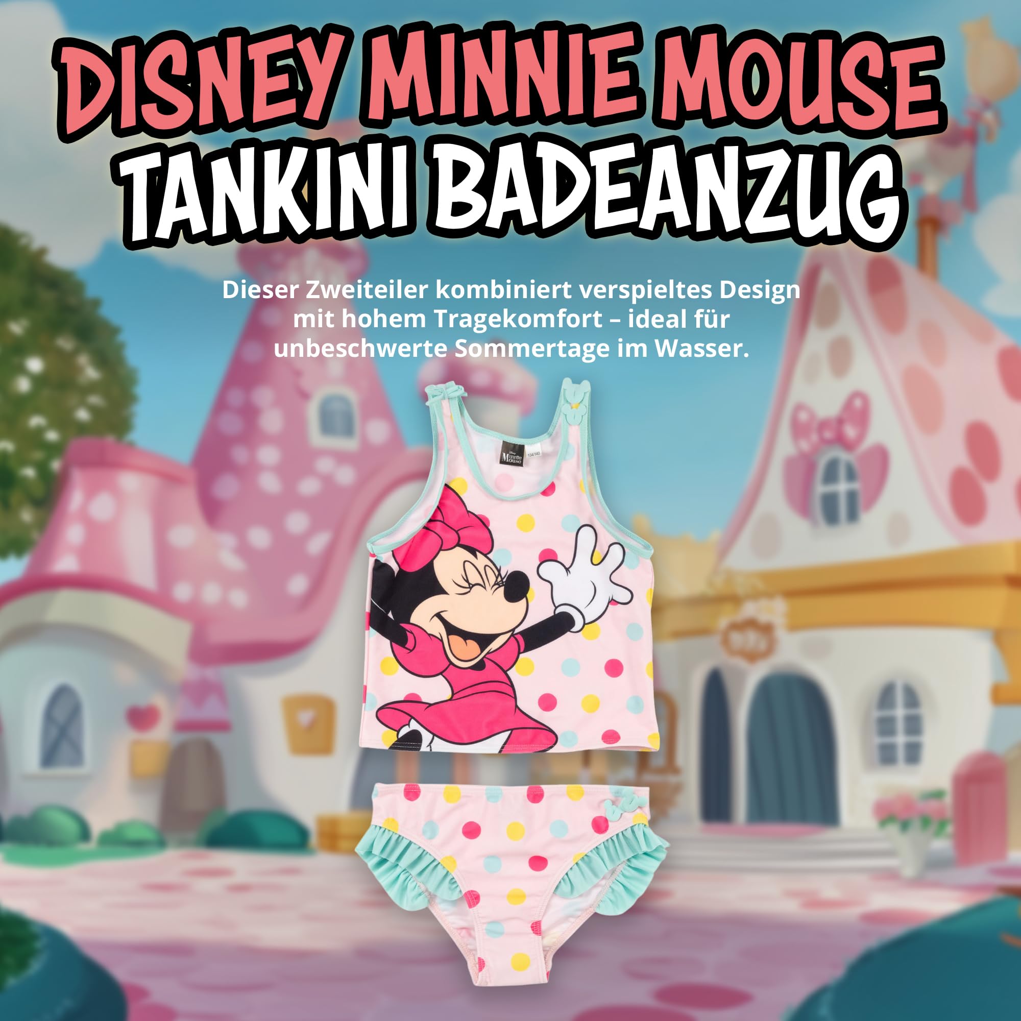 United Labels Disney Minnie Mouse Tankini für Mädchen mit Rüschen, Rosa Türkis, Zweiteiliger Badeanzug, Bademode Kinder