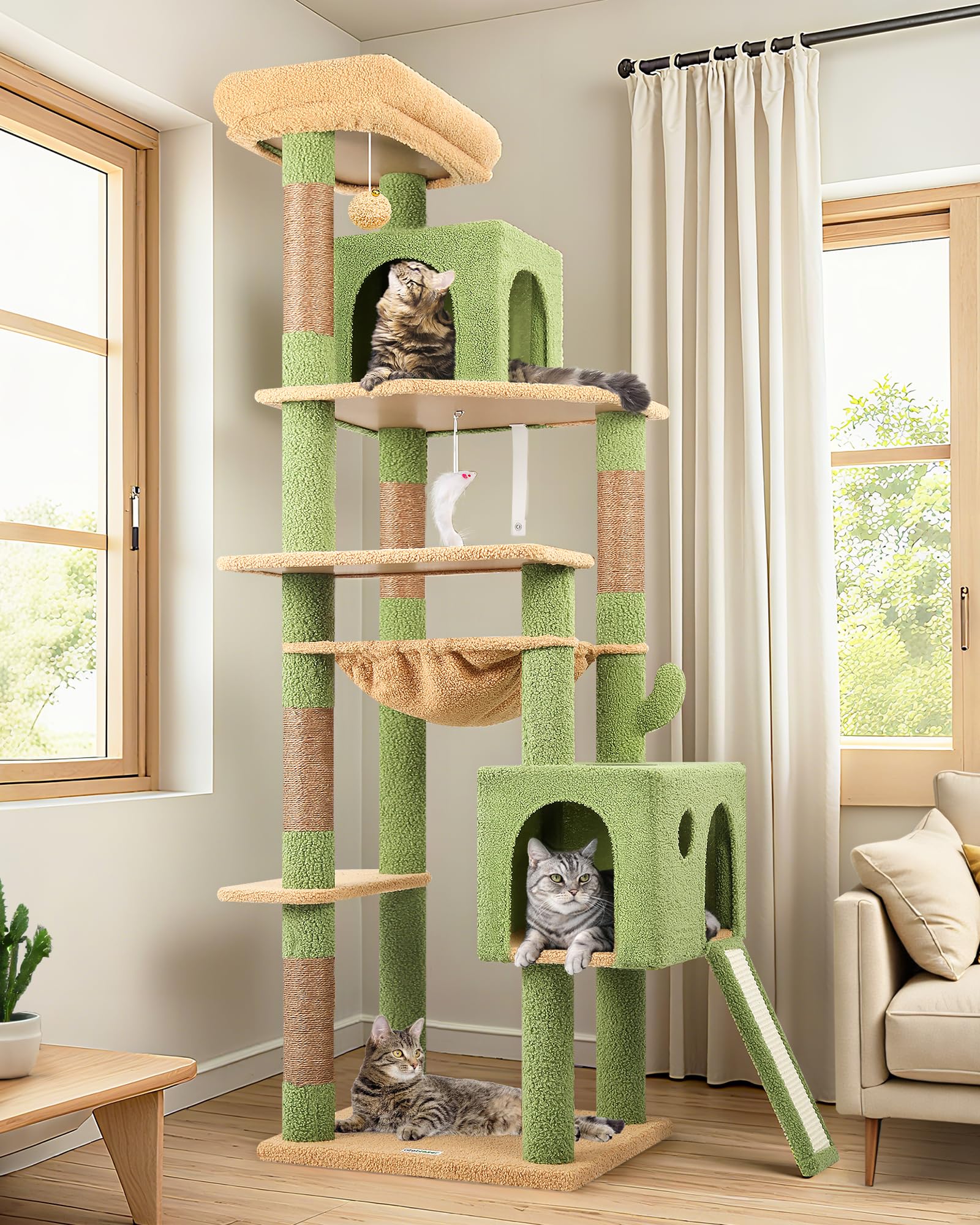 globlazer large cactus cat tree tower, 70in tall heavy duty green cat tree for indoor cats sturdy cat tower with scratching post and board, hammock, cat condos for adult cats kittens, f70 pro, green