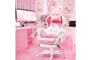 Pink Hello Kitty Gaming Chair with Cat Paw Lumbar Cushion and Cat Ears