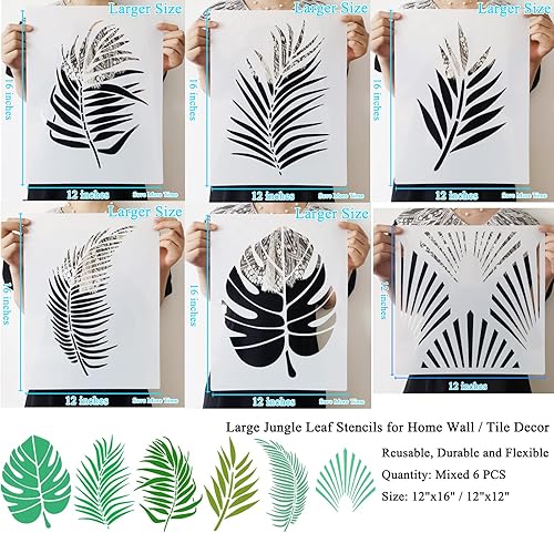 Miniatura 2 de Juego de 6 plantillas grandes de hojas tropicales de selva  16 x 12 pulgadas, plantillas reutilizables de palma y hoja de helecho para pintar en