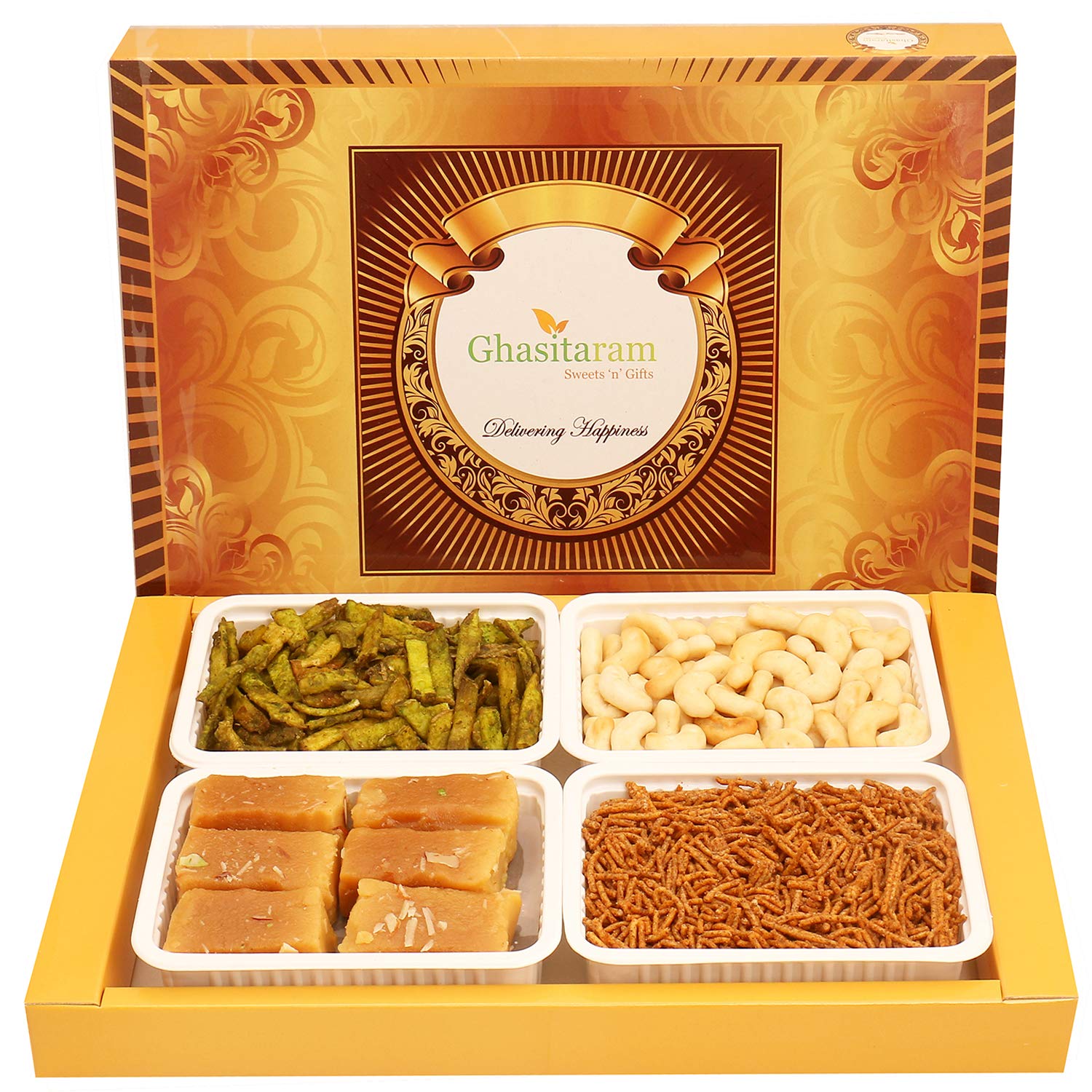 Ghasitaram Gifts Mother's Day Gifts - Big Box of Soft Mysore Pak,SOYA Sev,Cashew Sahped Biscuits & Palak Potato Chips |Diwali,Valentine,Birthday,Anniversary,Gift for Her,Him,Mothers Day,Fathers Day|-image-10