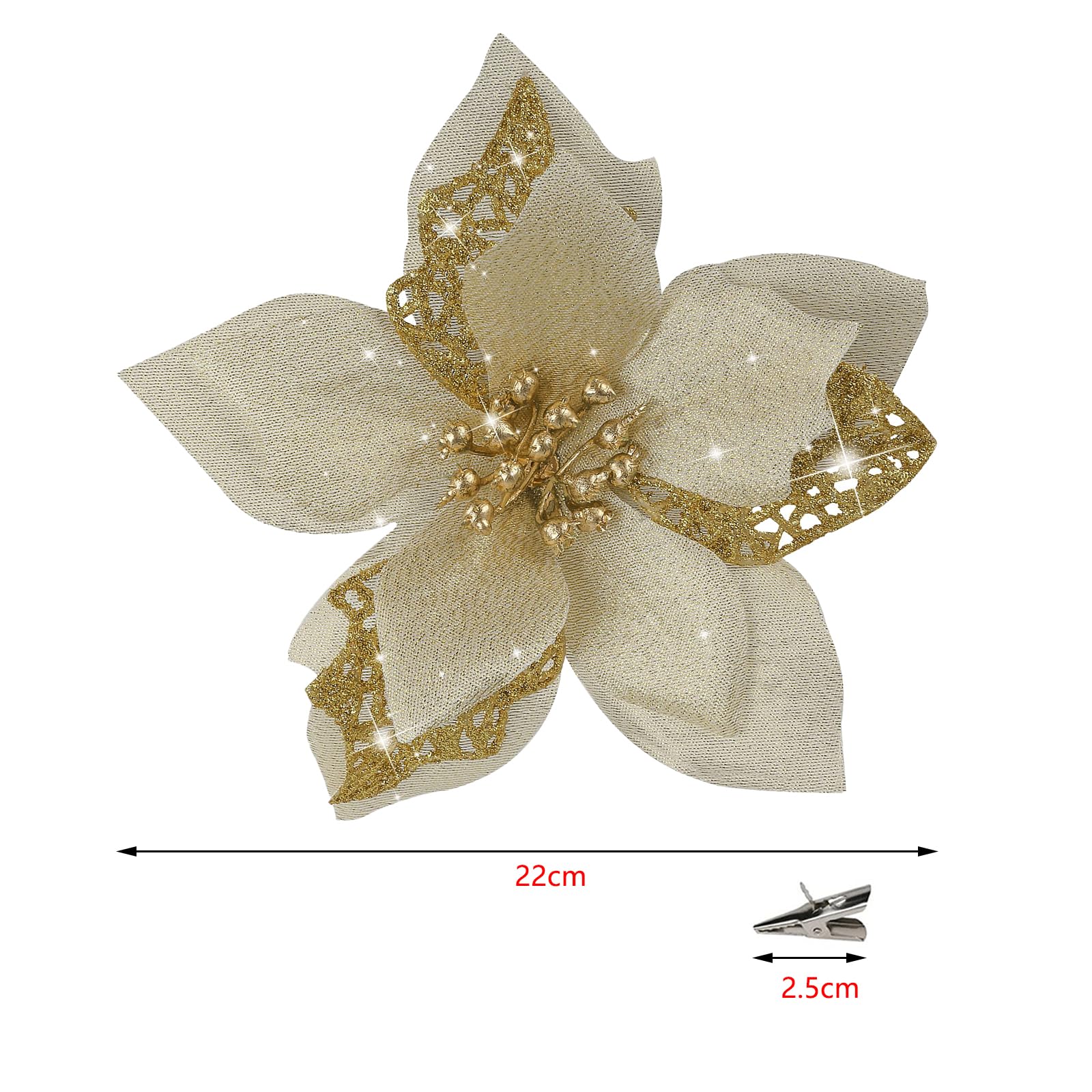 SUNTRADE 22CM Glitter Poinsettia Artificial Flowers, Christmas Tree Decorations with Clips,12-Pack (Gold) - Image 2
