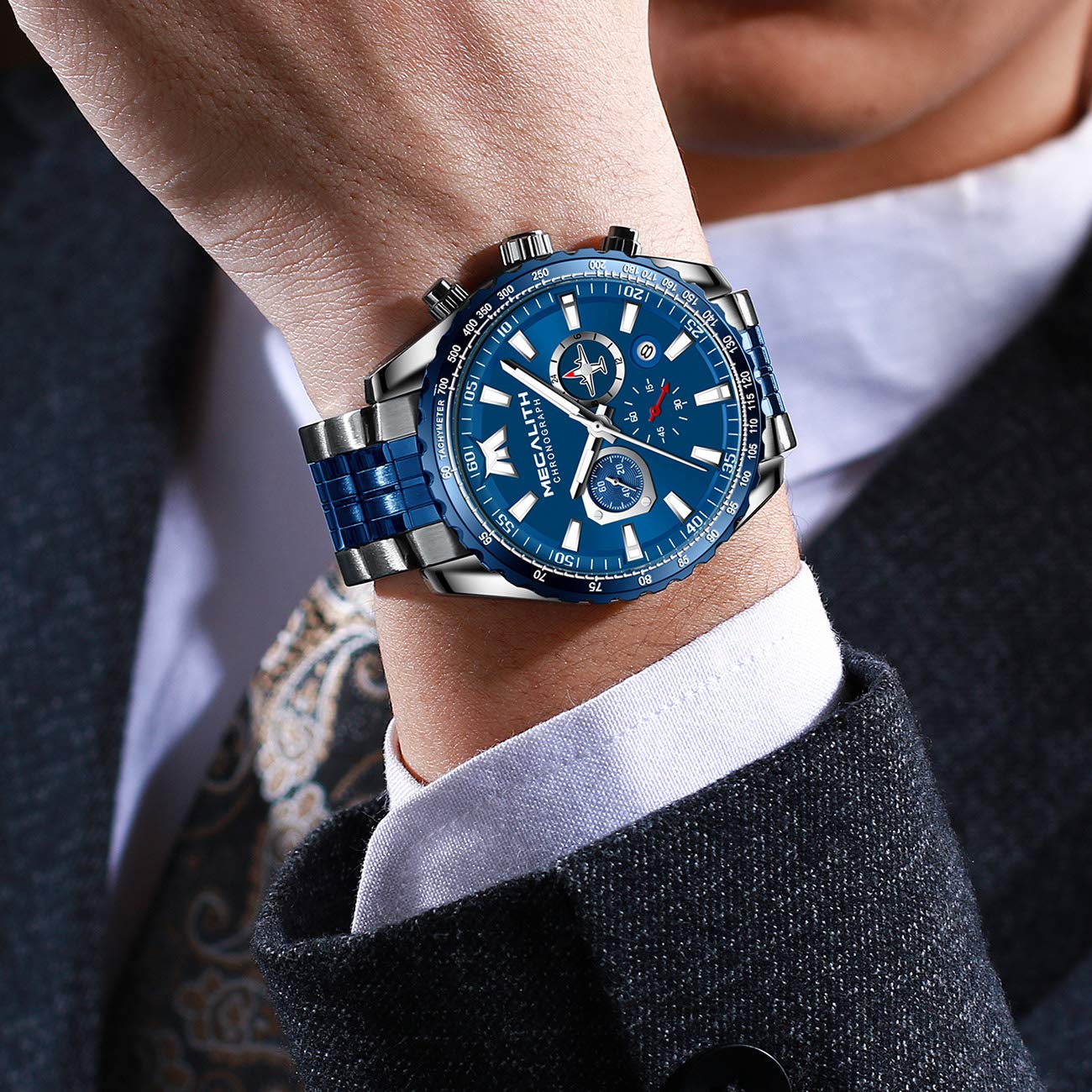 MEGALITH Montre Homme Acier Chronographe Quartz Grand Cadran Montres Bracelets Etanche Lumineuses Date - Cadeaux pour Hommes