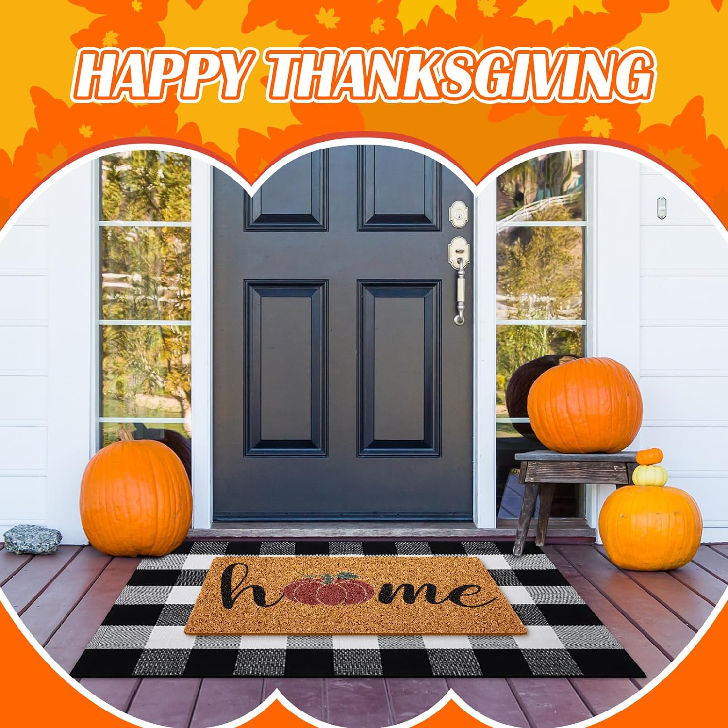 Geelin 2 Pcs Fall Home Door Mat Pumpkin Welcome Mat Thanksgiving Front Door Outdoor Decorative Doormat Non Slip Black White Buffalo Checkered Rug for Indoor Outdoor (Home Pumpkin)