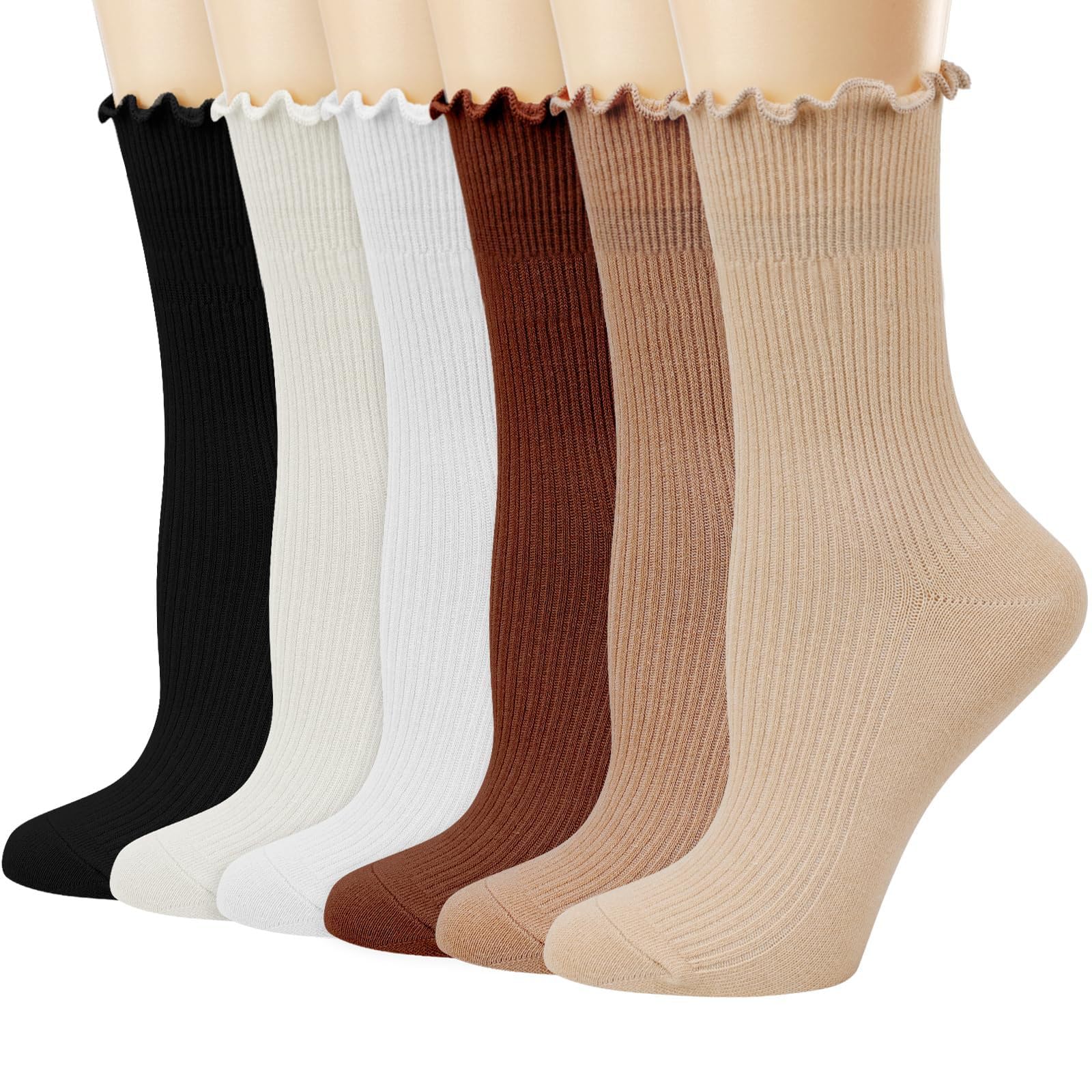 Babahu Women's A02-6Pcs Ruffle Socks For Casual Cute Cotton Crew Socks, Frilly Novelty Knit Socks 6 Pairs