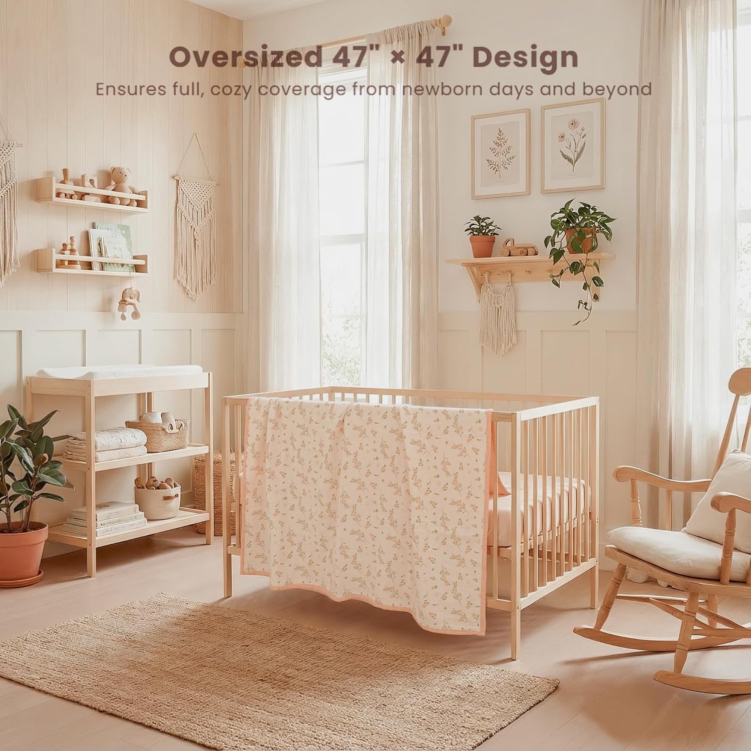 Konssy Muslin Baby Blankets for Girls Boys, 100% Cotton Crib Blanket for Infant Toddler, Super Soft and Lightweight Nursery Swaddling Wrap 47"x47" (Floral) - Image 4