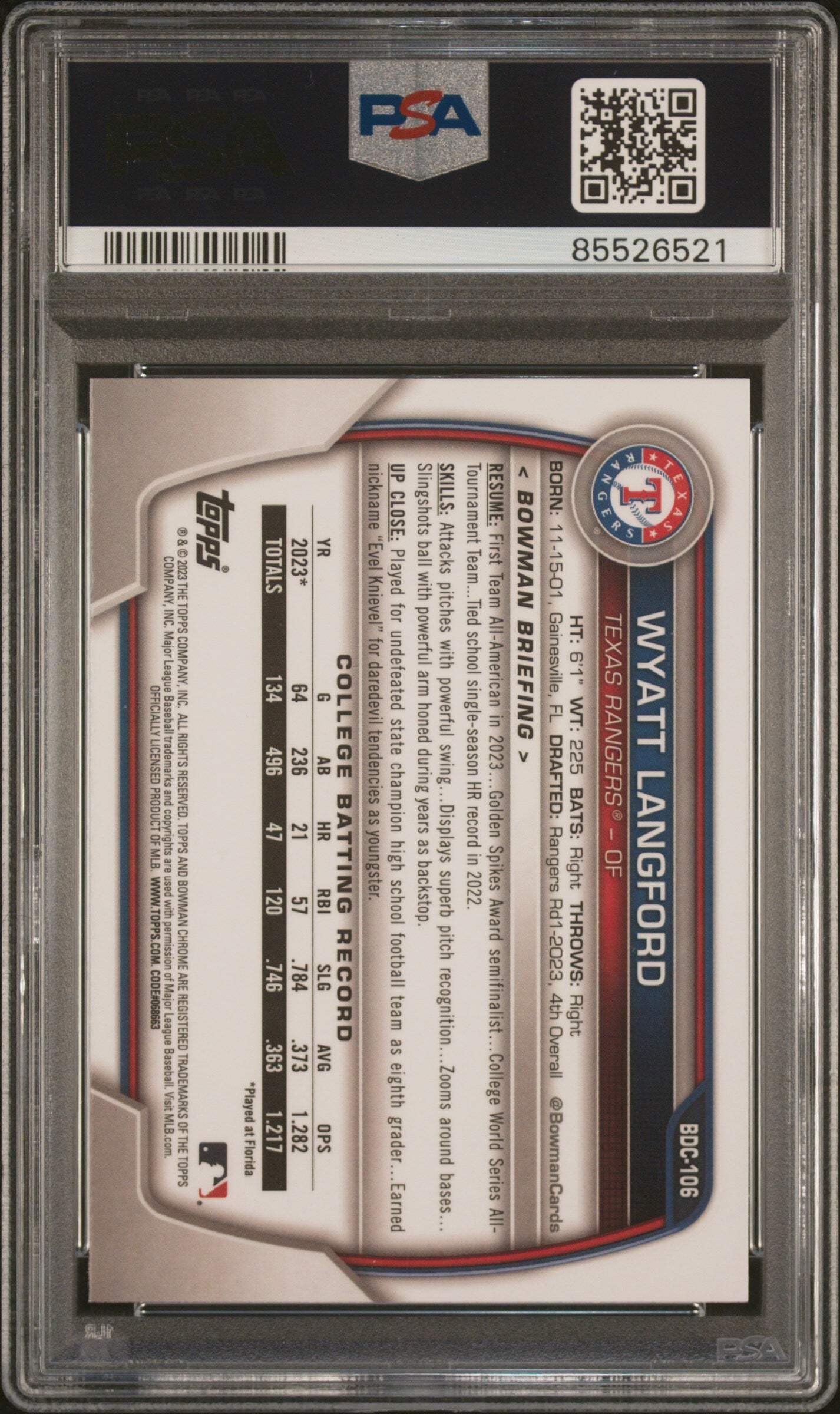 Amazon.com: Graded 2023 Topps Bowman Draft Wyatt Langford #BDC106 