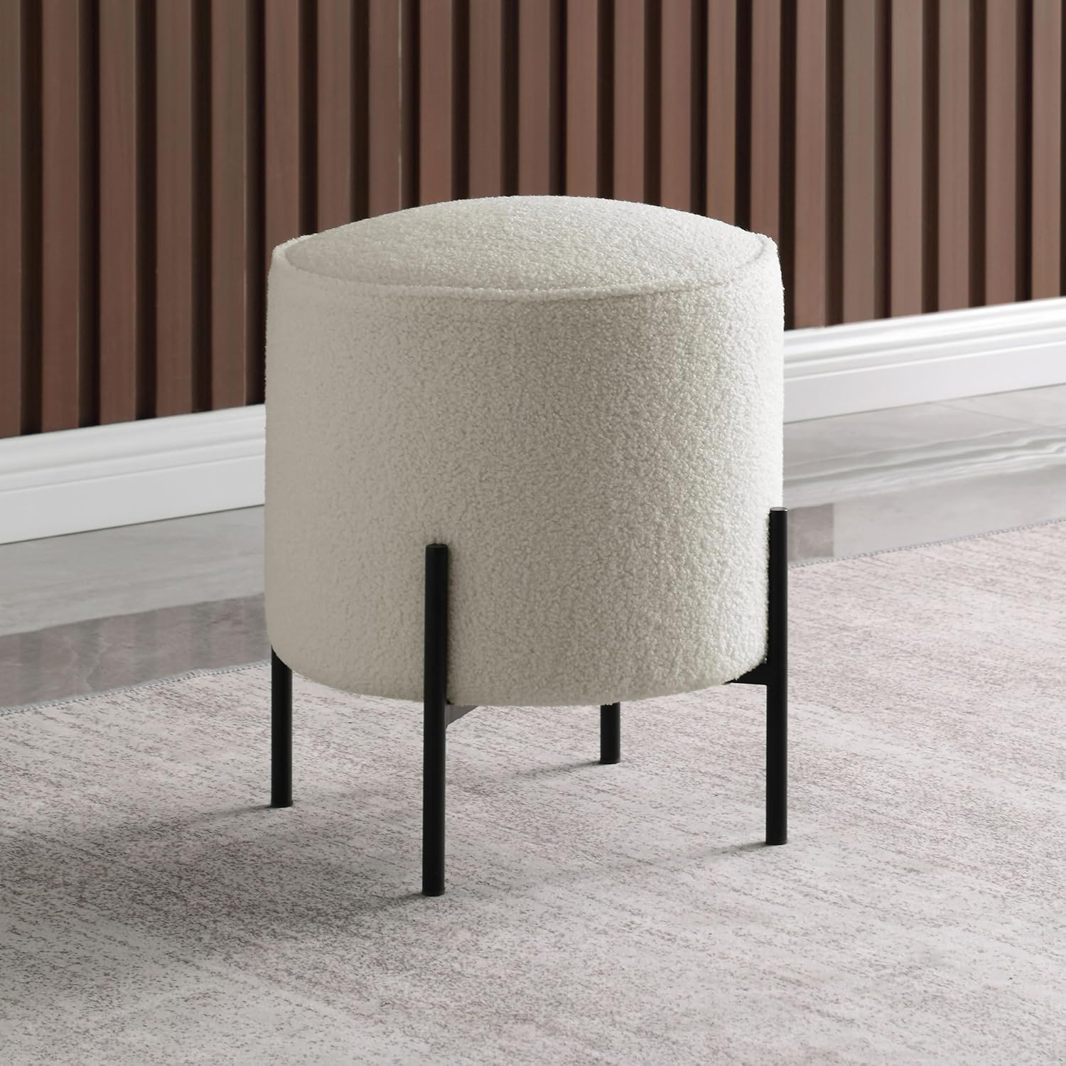 Coaster Home Furnishings - Basye - Fabric - Faux Sheepskin Sherpa Upholstered Round Ottoman with Cushioned Top and Matte Black Metal Legs - Living Room - 19-Inch - Matte Black and Ivory - 905495