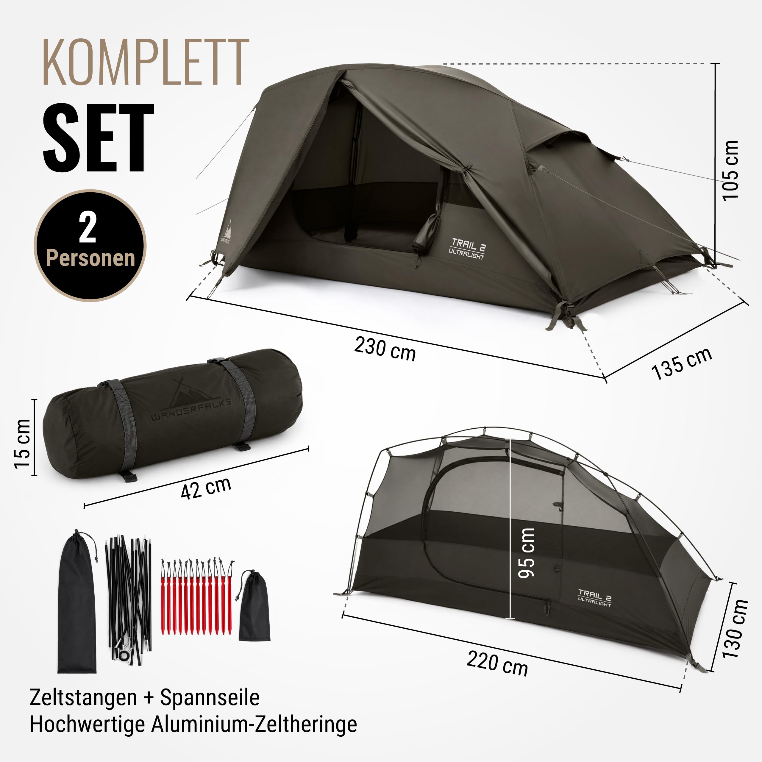 WANDERFALKE® Trail namiot dla 1-2 osób, ultralekki, mały rozmiar po złożeniu, wodoszczelny 4000 mm, lekki namiot dla 1-2 osób, namiot trekkingowy, ultralekki, lekki namiot outdoorowy na kemping