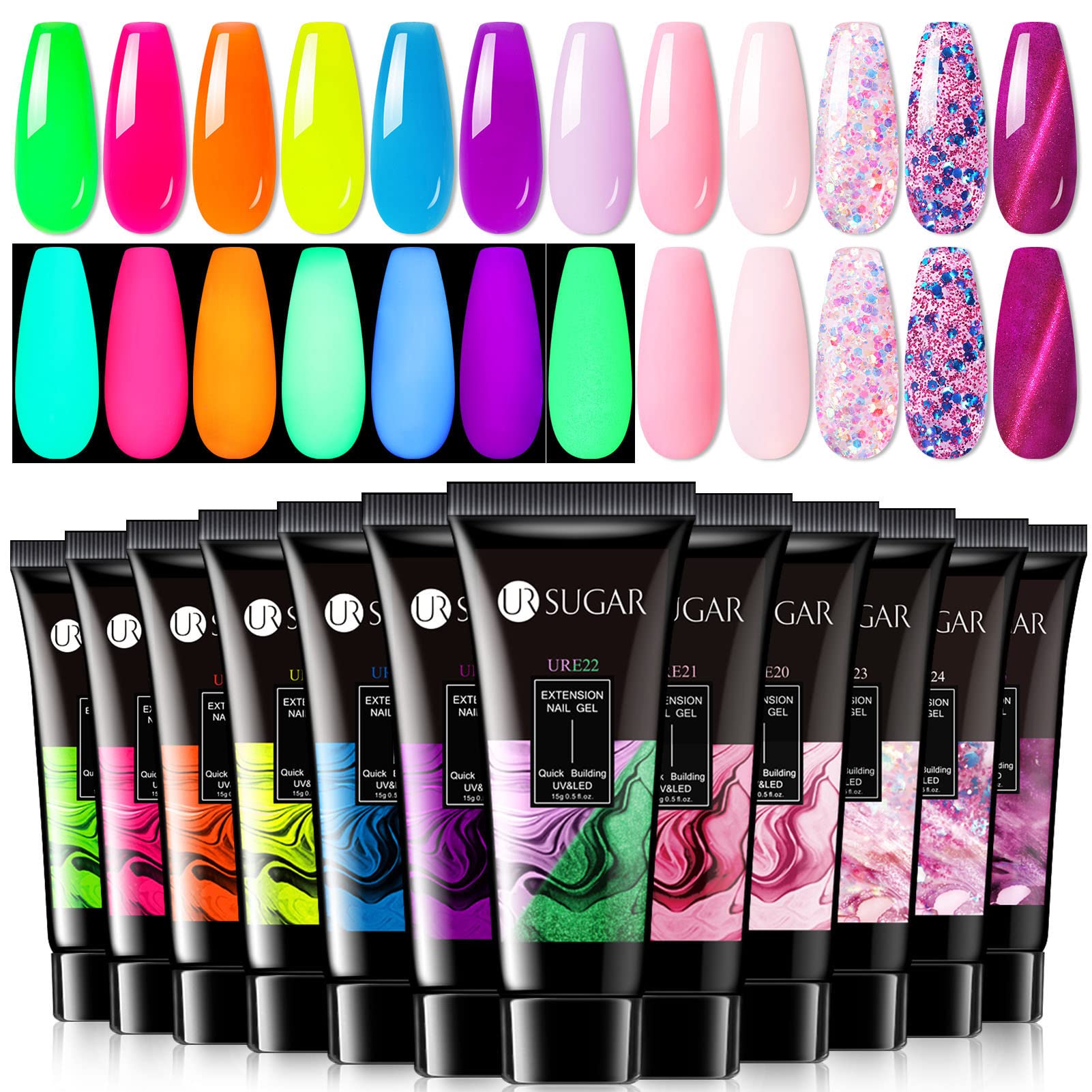UR SUGAR12 Colors Neon Pink Nude Poly Extension Gel Nail Polish Set, Hot Pink Neon Green Yellow Orange Bright Colors Halloween Poly Nail Gel Kit Long Lasting Soak Off Gel Polish Gift Box for Women