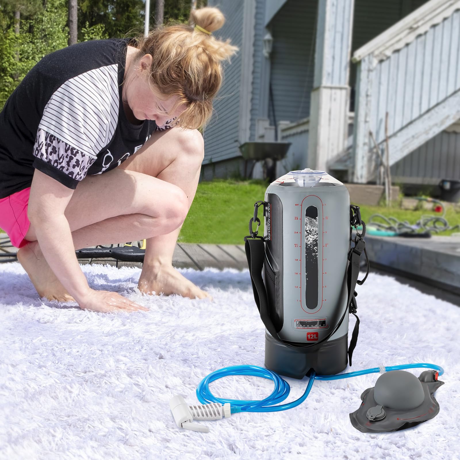 HaroldDol Campingdusche mit Pumpe, Campingdusche Solardusche Gartendusche, 12L Solar Dusche Mobile Camping Shower für Wandern, im Freien, Klettern Sport & Freizeit