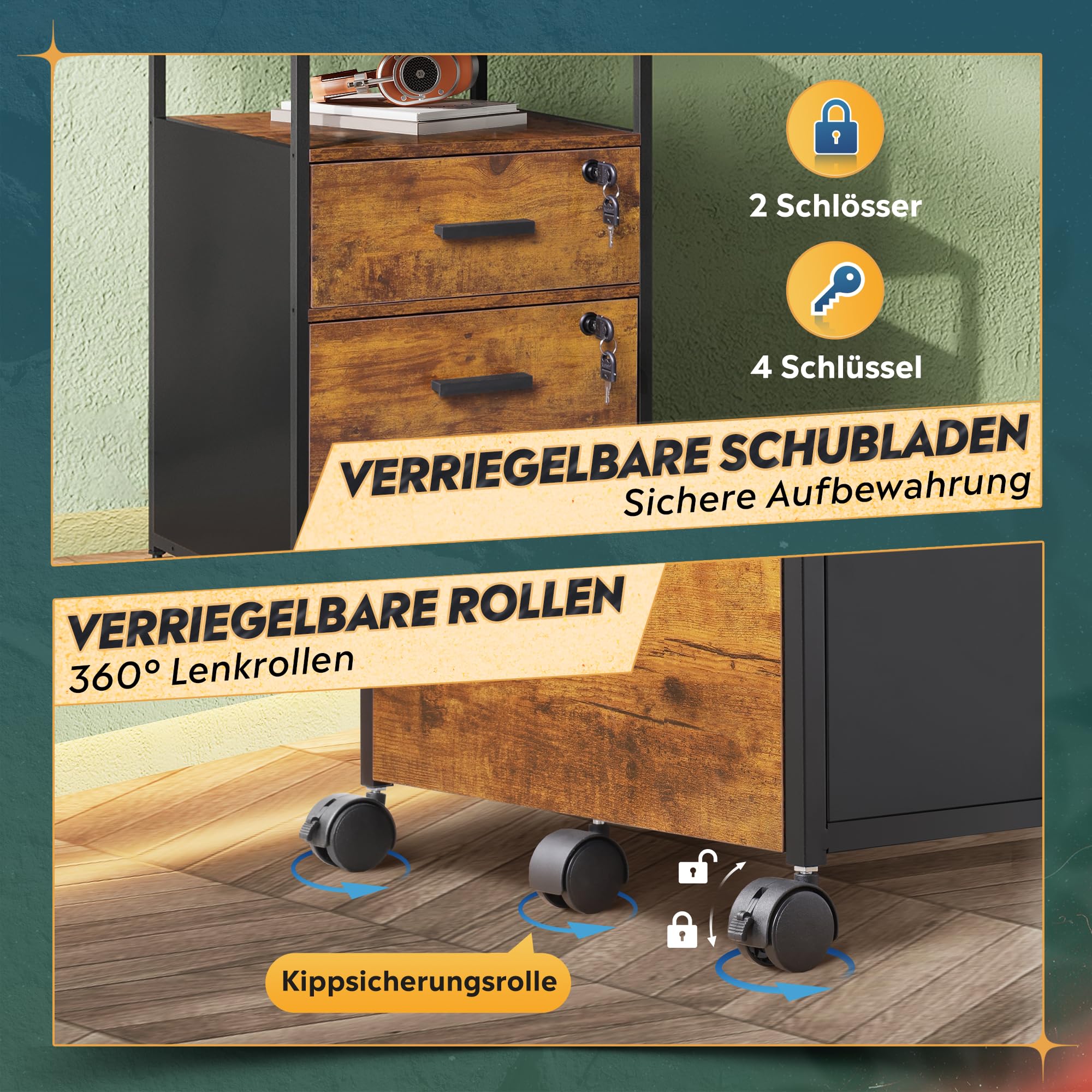 DEVAISE Rollcontainer mit 2 Schubladen und offenen Ablagen, Mobiler Aktenschrank mit Rollen, Druckertisch für DIN A4/Legal/Letter, Schubladenschrank für Büro und Home Office, Retro Braun