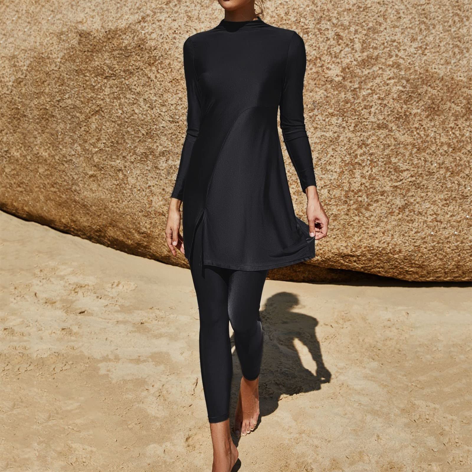 Conjunto de Burkini Musulmán para Mujer Traje Baño Manga Larga con Detalles Plisados Verano Playa Bikini Super Push Up Sexy Vestir Dos Piezas BañAdores Natacion