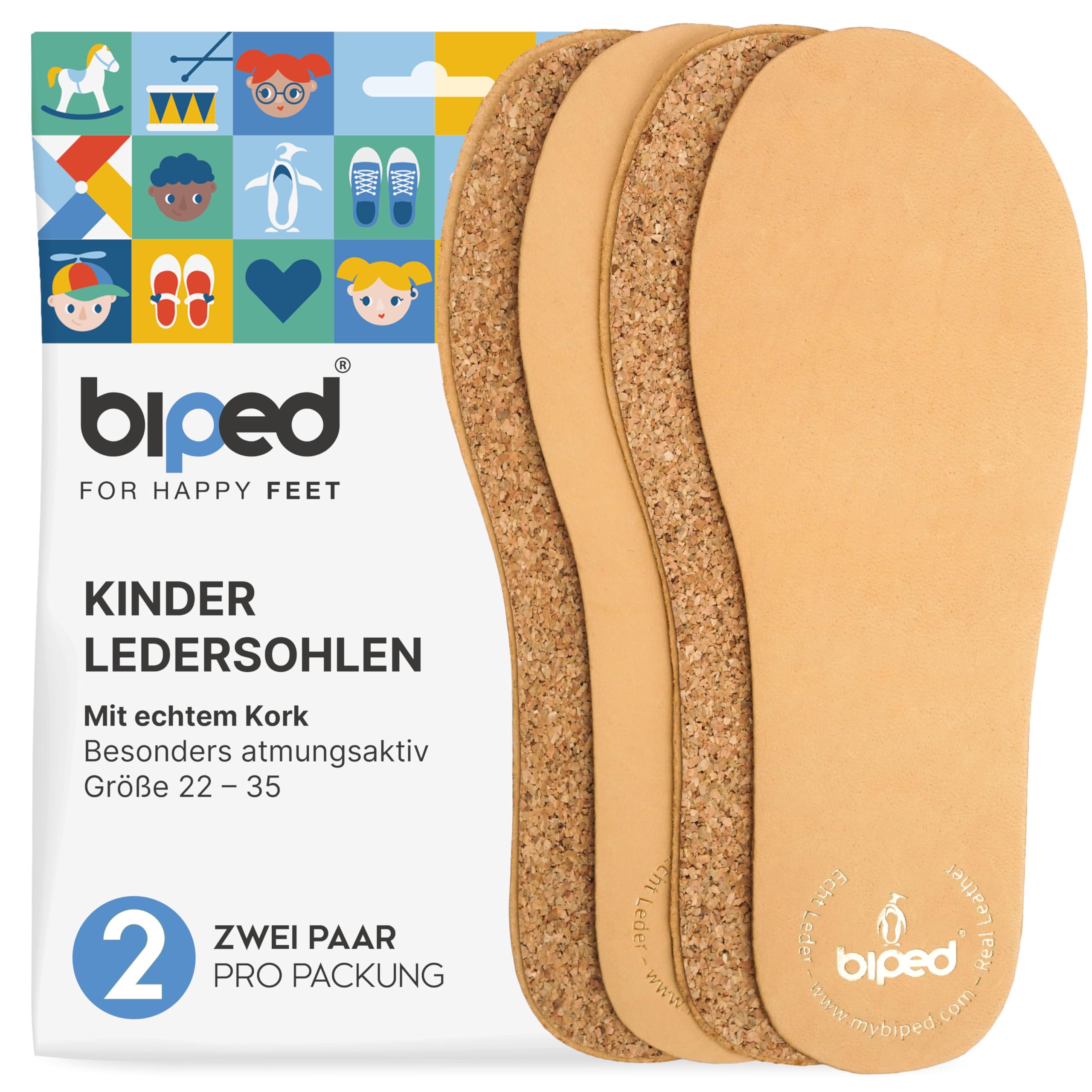 biped 2 Paar Kinder Premium Leder Einlegesohlen mit echtem Naturkork - Weiche Einlagen pflanzlich gegerbt - Atmungsaktive Sohlen für alle Kinderschuhe z2767(24-25)