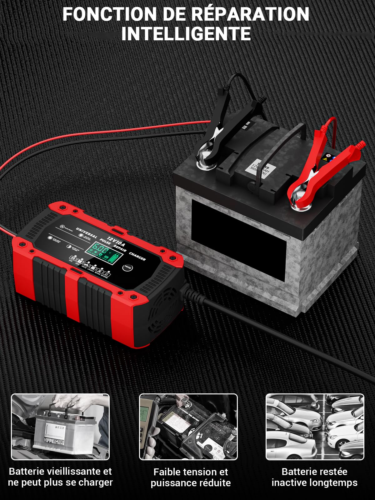 Chargeur Batterie Voitures Moto 12V 10A pour AGM Gel SLA Wet LiFePO4 | Intelligent Portable avec 6 Modes Fonction de Réparation Écran LCD pour Auto Moto