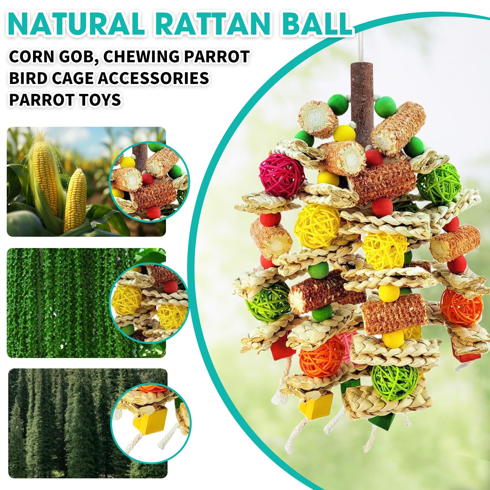 Parrot Chew Toy, Natural Material Bird Foraging Toy for Conures, Quaker Parrots, Medium-Sized Birds - Colorful Hanging Shredding Toy with Woven Ball, Corn Cob and Wooden Beads - image 5