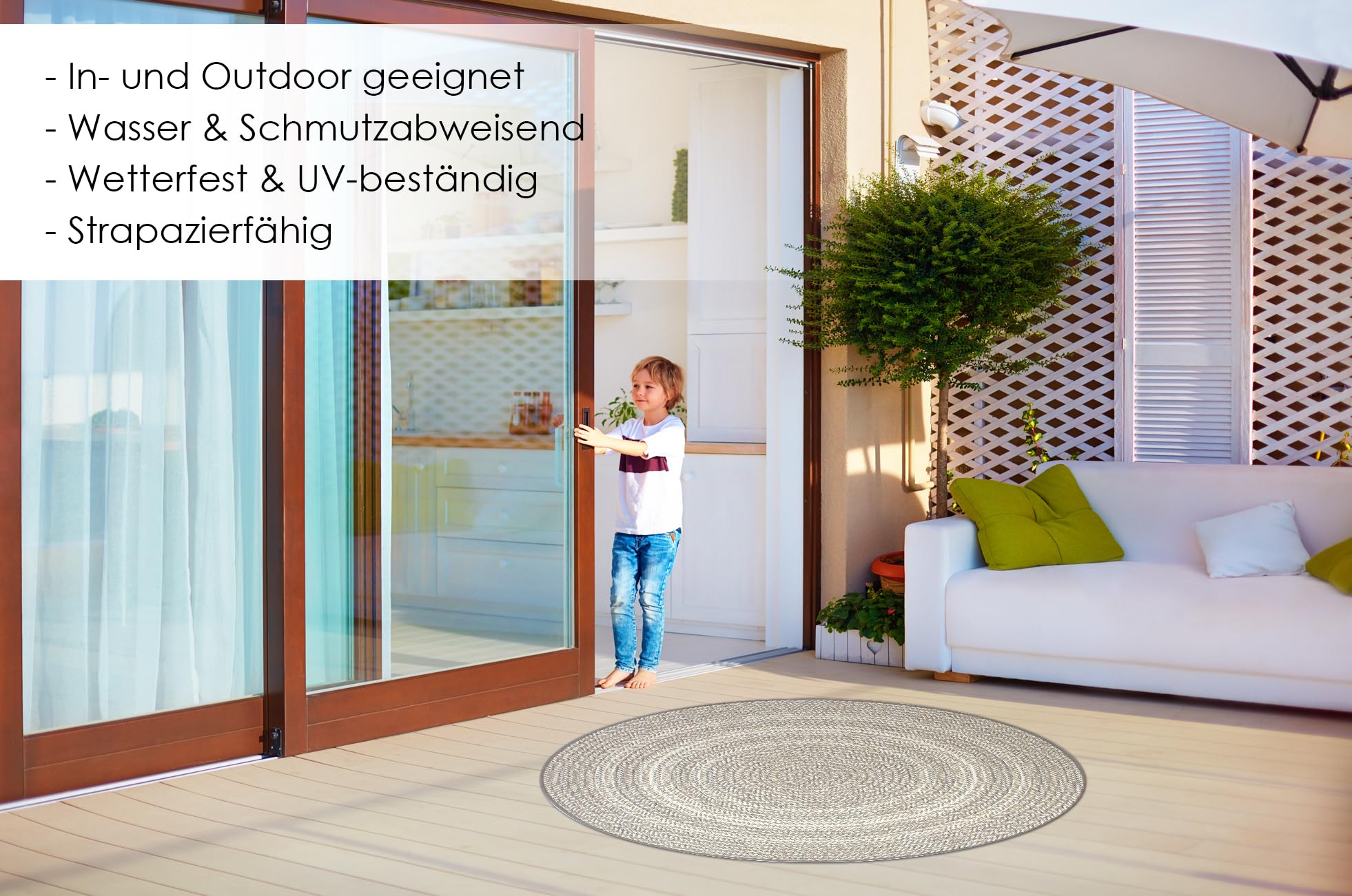 DomDeco In- und Outdoor-Teppich Rund - 120x120cm - Stilvoller Teppich für Innen- und Außenbereich - Taupe-Beige