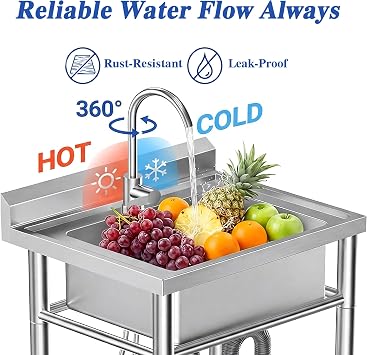 Stainless Steel Prep & Utility Sink, Free Standing Small Sink Include Cold and Hot Water Pipe,commercial Single Bowl Sinks for Garage, Restaurant, Kitchen, Laundry, 20 x 20 x 31.5 (Modern)