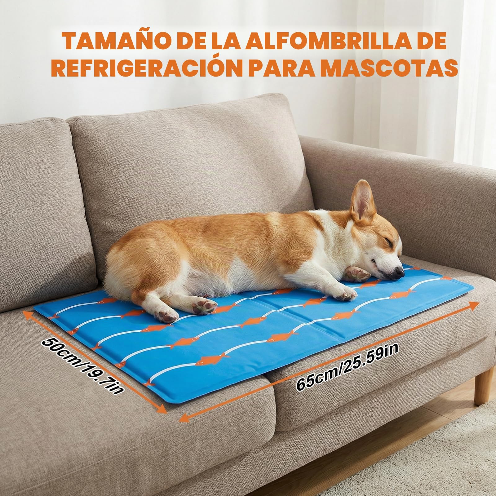 Qoosea Alfombra Refrescante para Perros y Gatos 50x65cm - Diseño Peces y Olas, Colchón Enfriador Autorefrescante, Impermeable y Plegable para Casa Coche y Viajes